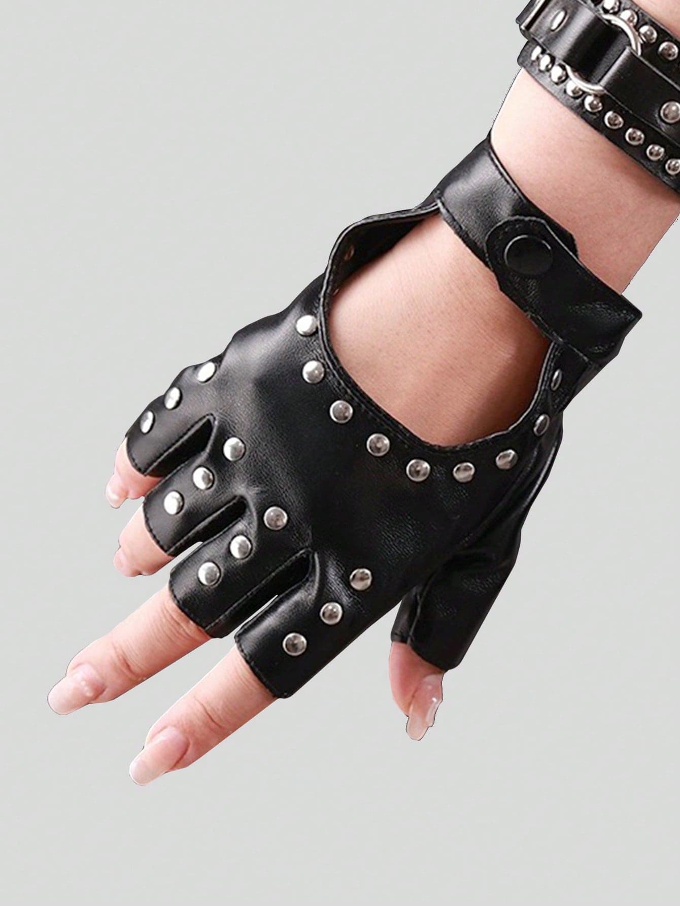 ROMWE Grunge Punk Ladies PU Leather Rivet Black Y2K Five Fingers Gloves