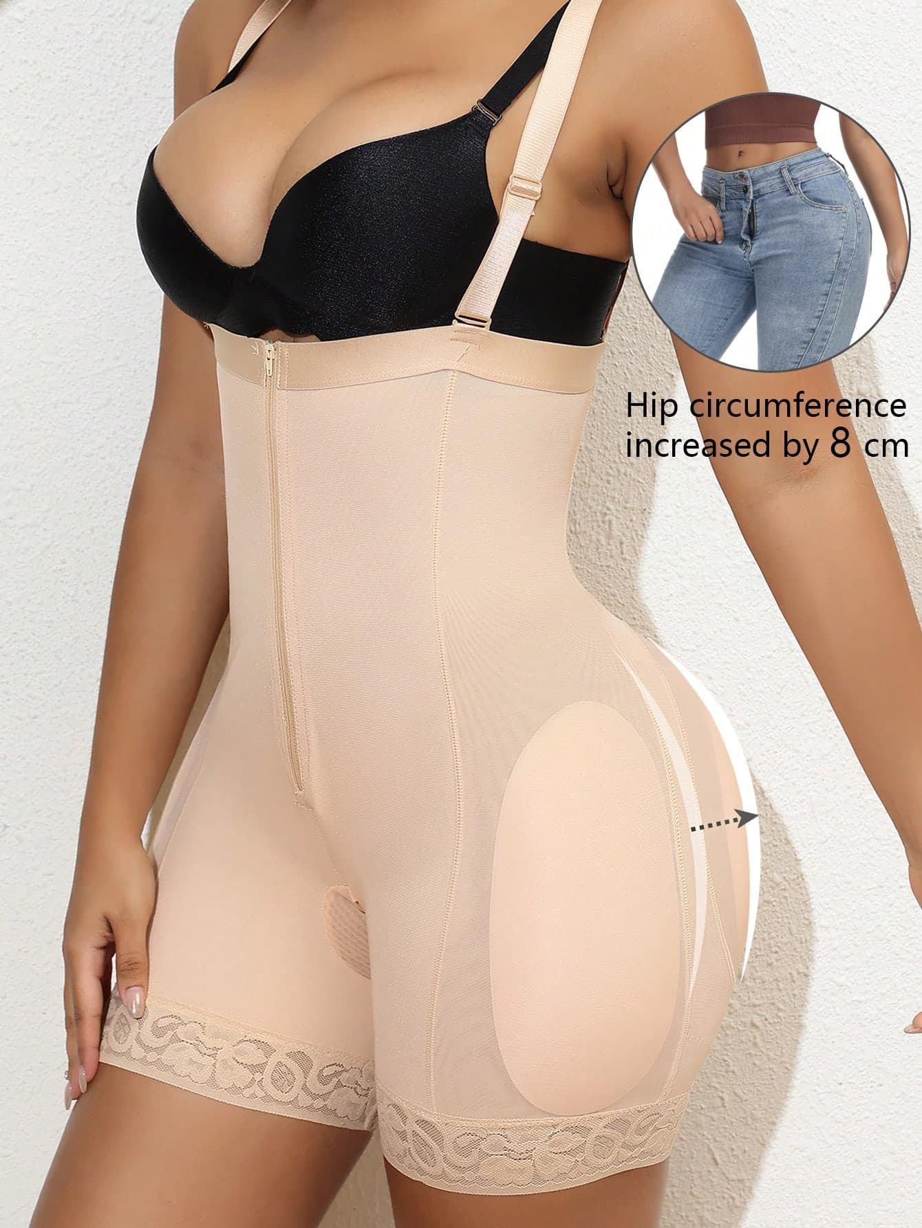 SHEIN 1pc Women Mesh Zip Front Tummy Control Shapewear Bodysuit With Butt Pad