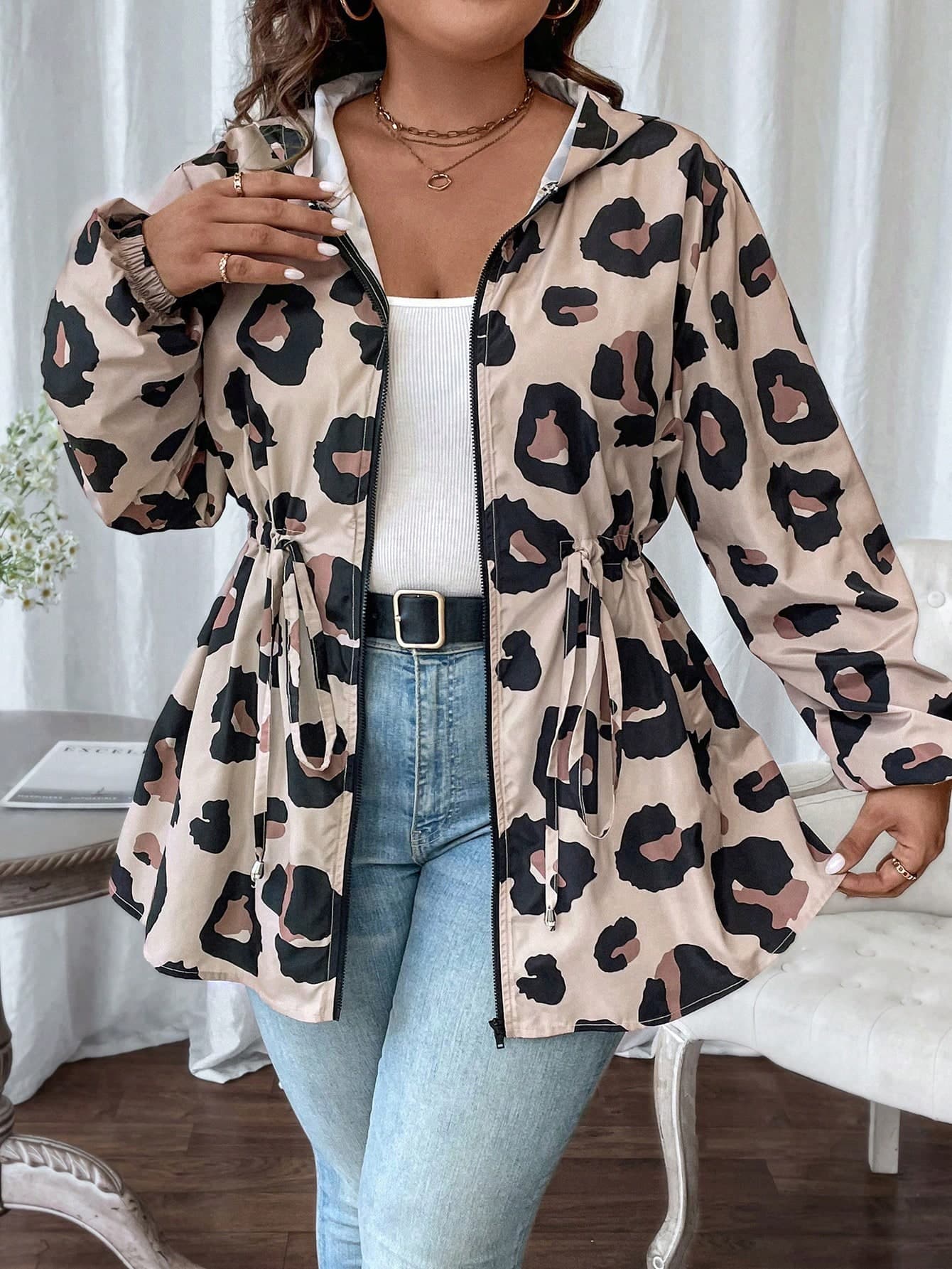 SHEIN LUNE Women's Plus Size Long Sleeve Leopard Print Hooded Casual Jacket With Drawstring Waist For Autumn & Winter Fall