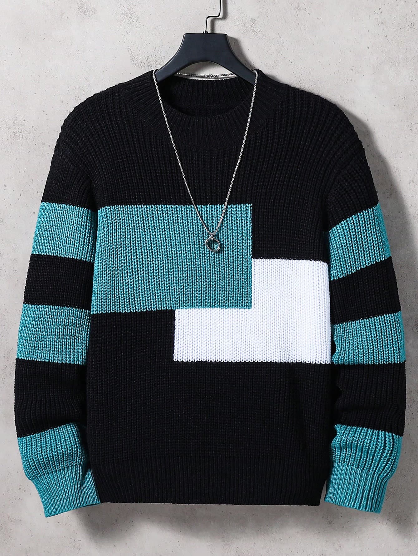 SHEIN Contrast Color Crew Neck Sweater, Loose Fit Casual Knit Pullover For Teenage Boys