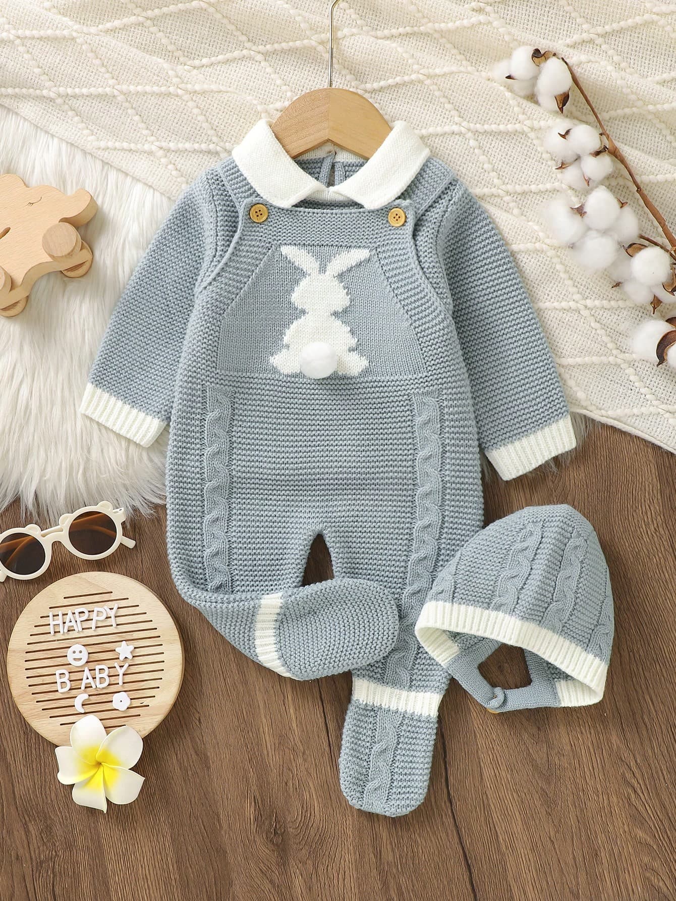 SHEIN 3pcs/Set Infant Turquoise Knitted Sweater Outfit - Long Sleeve Turtleneck Sweater, Bunny Strap Pants Romper, And Hat