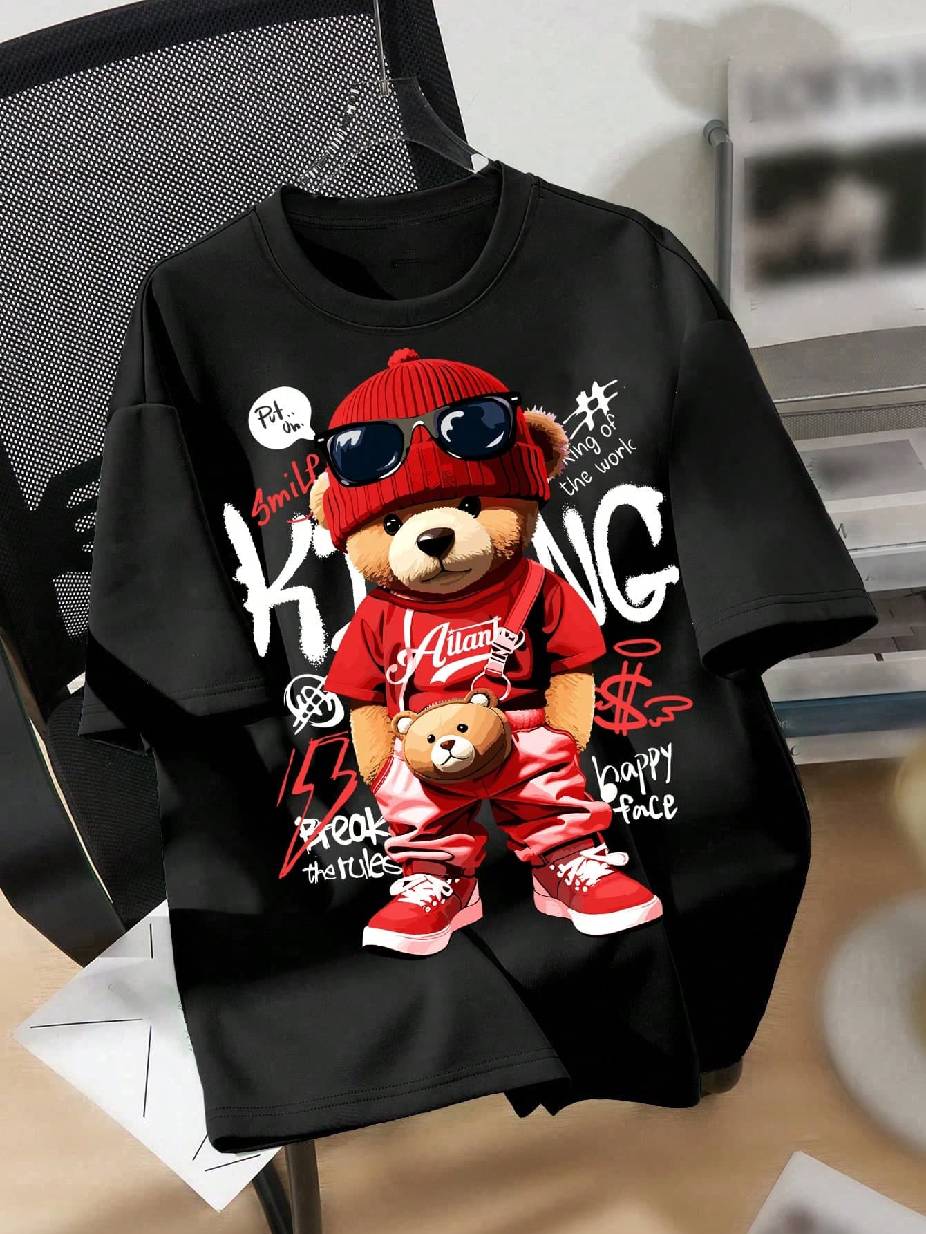 SHEIN Tween Boys' Casual Loose Cartoon Pink Bear Graphic Round Neck Short Sleeve T-Shirt, Cotton Blend, Summer