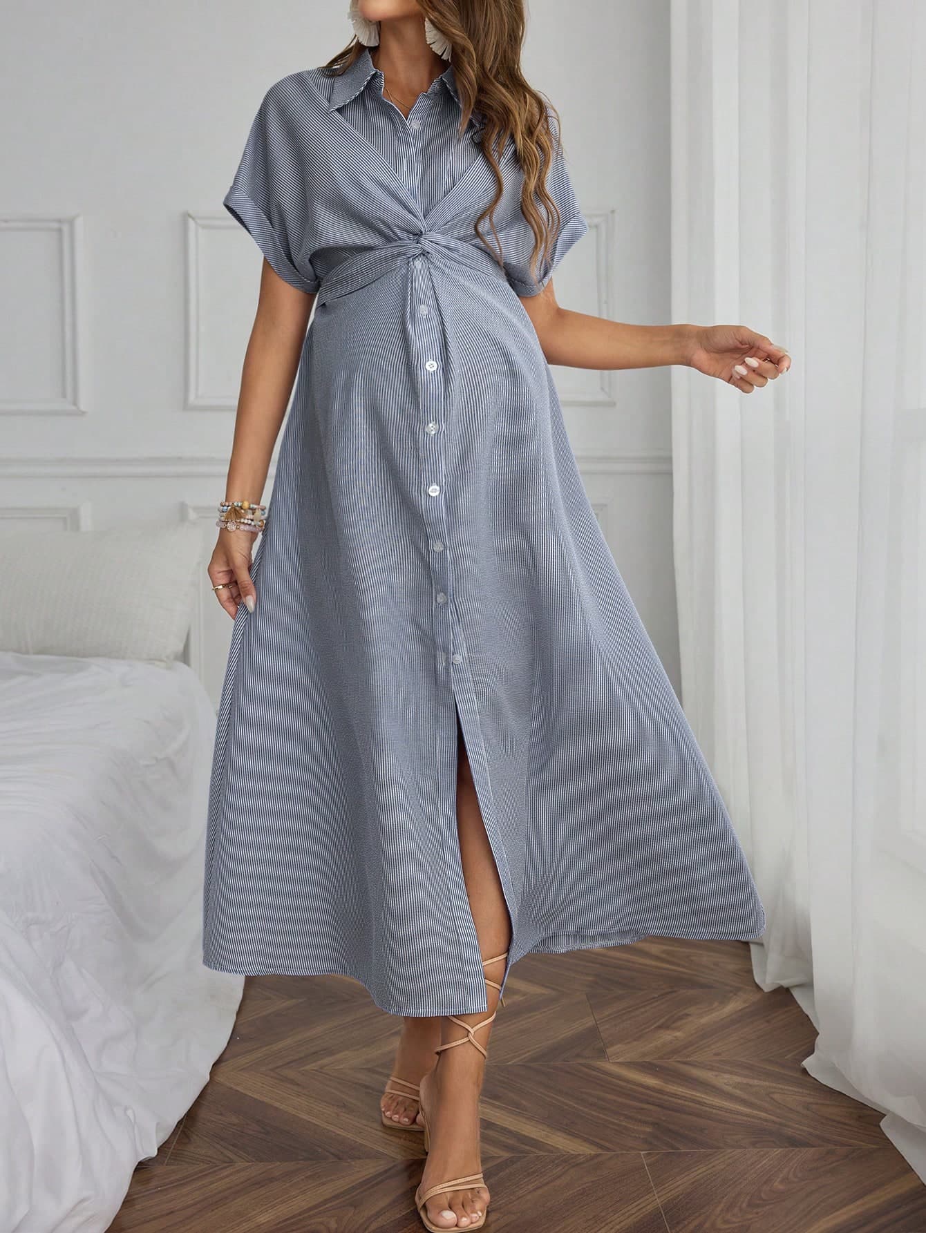 SHEIN Pregnant Women Summer Striped Bat Short Sleeve Waist Twist Casual Shirt Dress, For Maternity