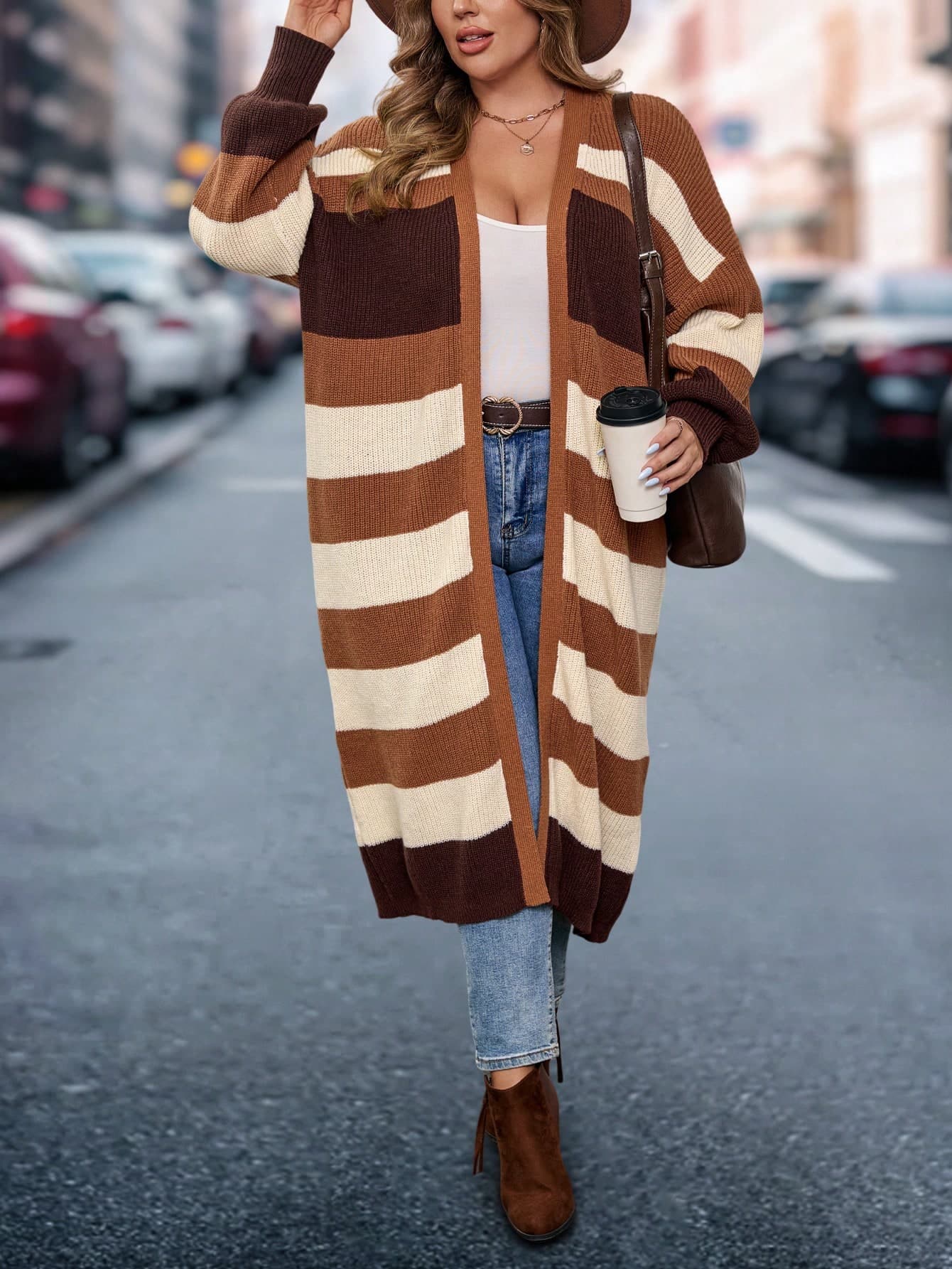 SHEIN Clasi Plus Size Casual Street Style Long Striped Cardigan Coat,Brown Autumn Back-To-School Sweaters For Women,Western Winter Clothes For Music Festivals