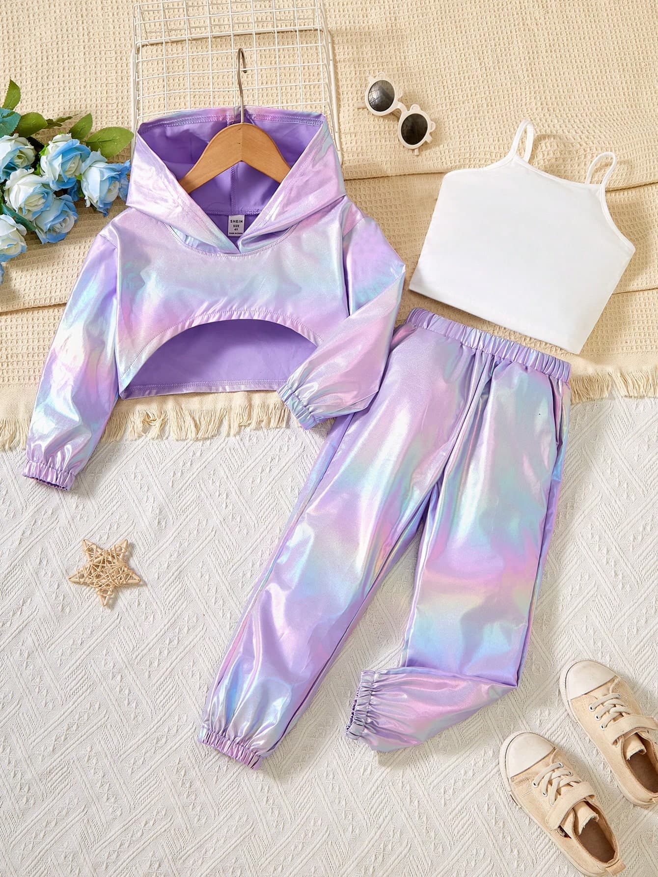 SHEIN Young Girls' Fashion Summer Three-Piece Suit,Metal Coating Fabric Macaron Gradient Tie-Dye Hooded Sweatshirt,Small Camisole & Casual Sports Trousers