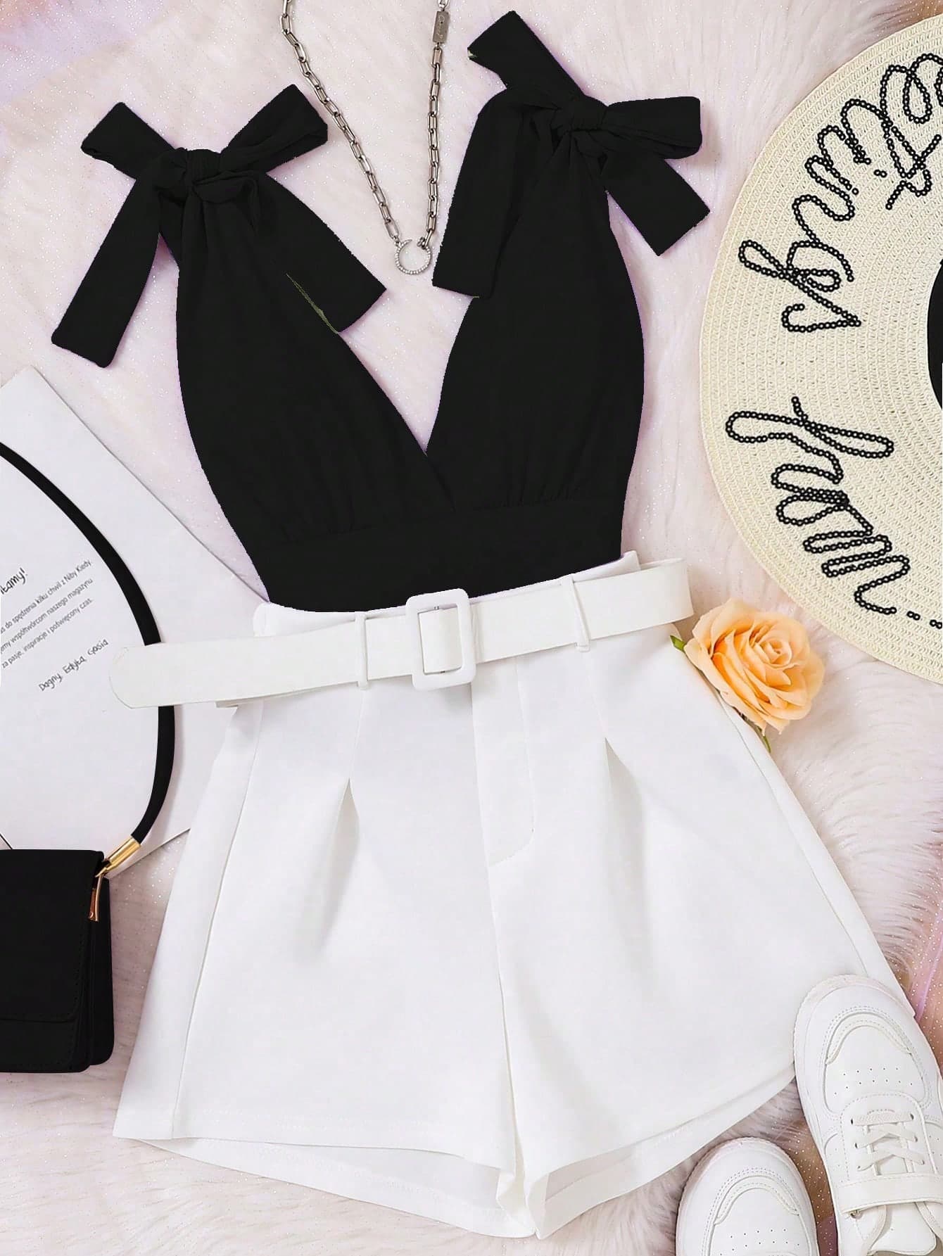 2pcs/Set Black Twist V-Neck Sleeveless Top And White Belted Shorts