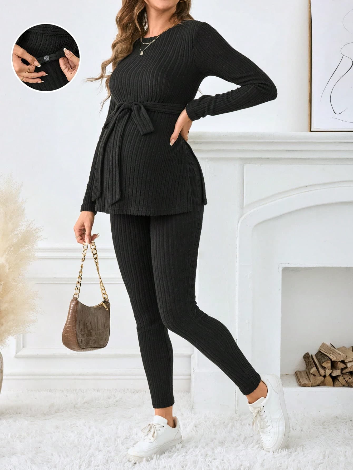 SHEIN Maternity Women's Solid Color Ribbed Knit Long Sleeve, Ribbed Knit Set World Cup Fall