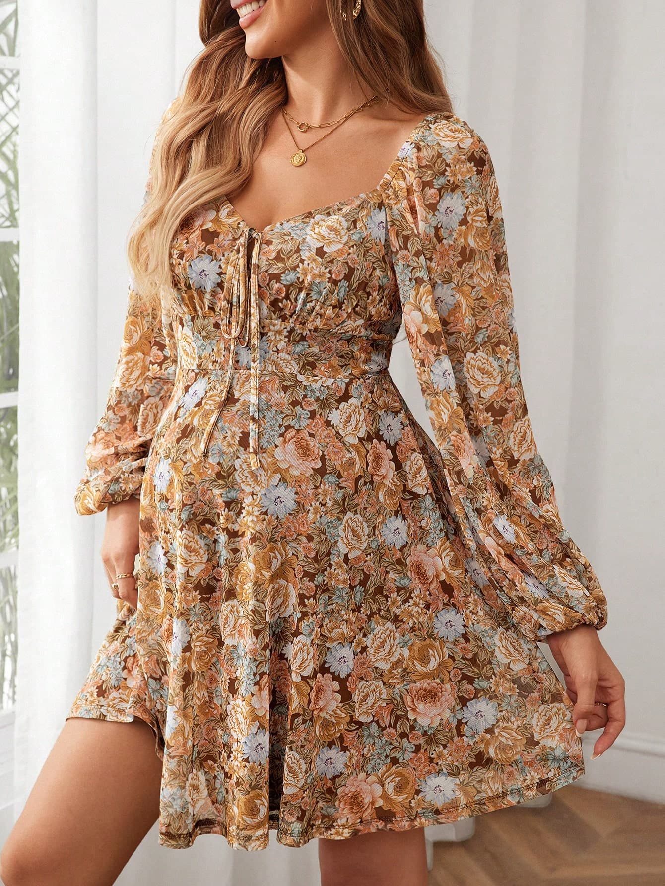 SHEIN Maternity Floral Print Knot Front Lantern Sleeve Dress Fall