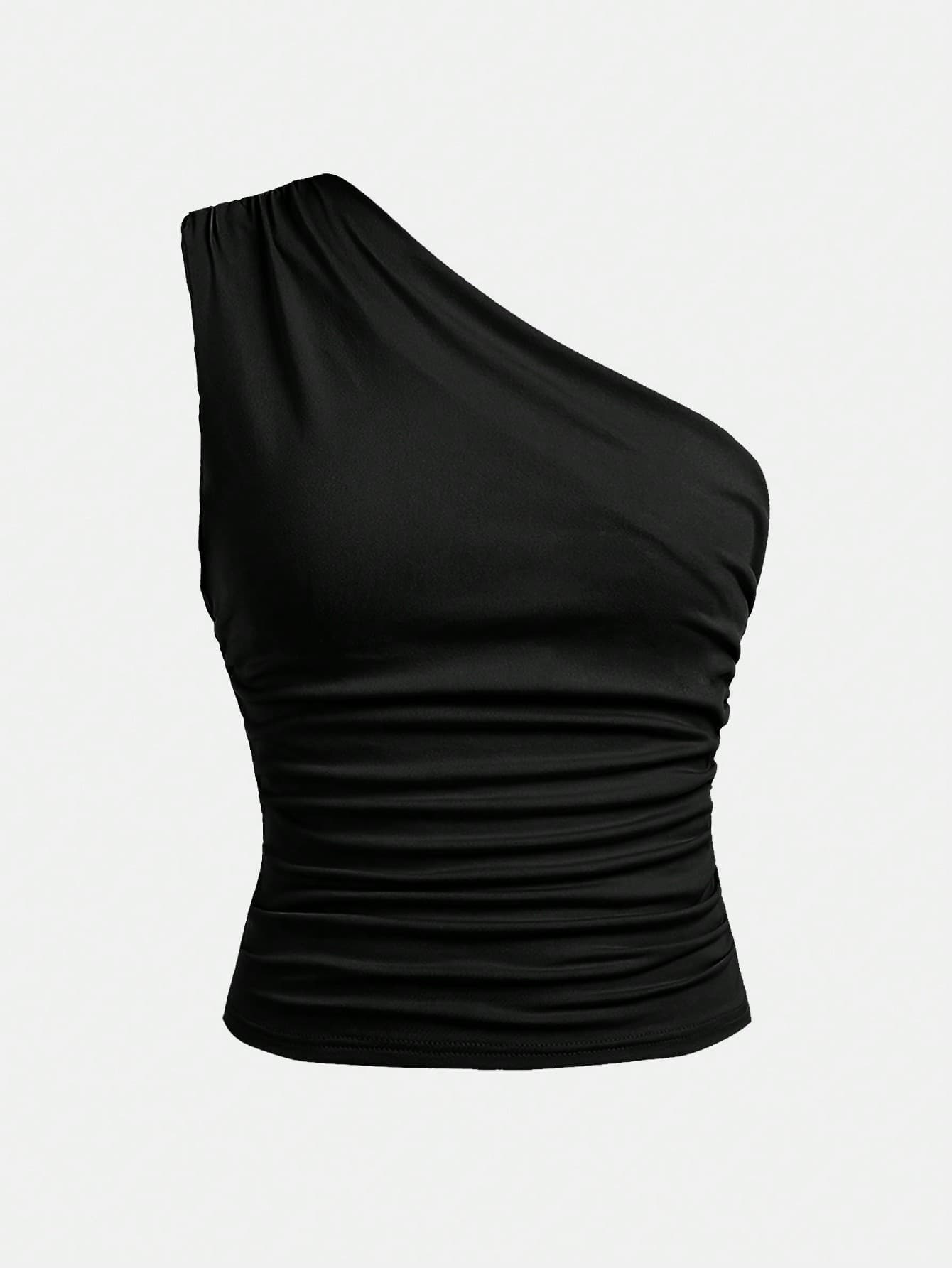 SHEIN Girlism Teen Girl Solid Knitted Ruched Casual Cold Shoulder Tank Top