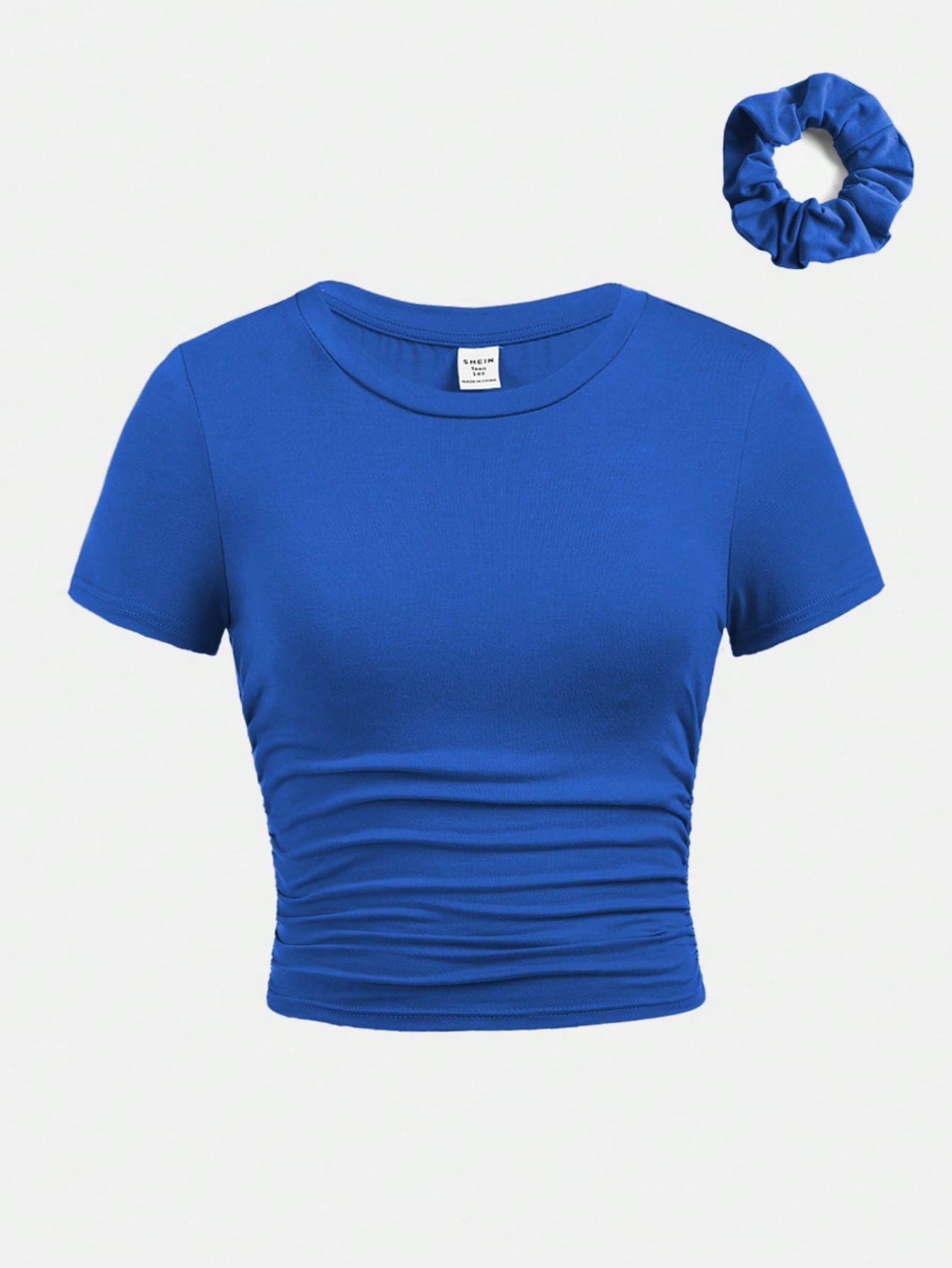 SHEIN Girlism Tween Girl Fitted Casual Round Neck Short Sleeve Ruched Side T-Shirt With Hair Scrunchie