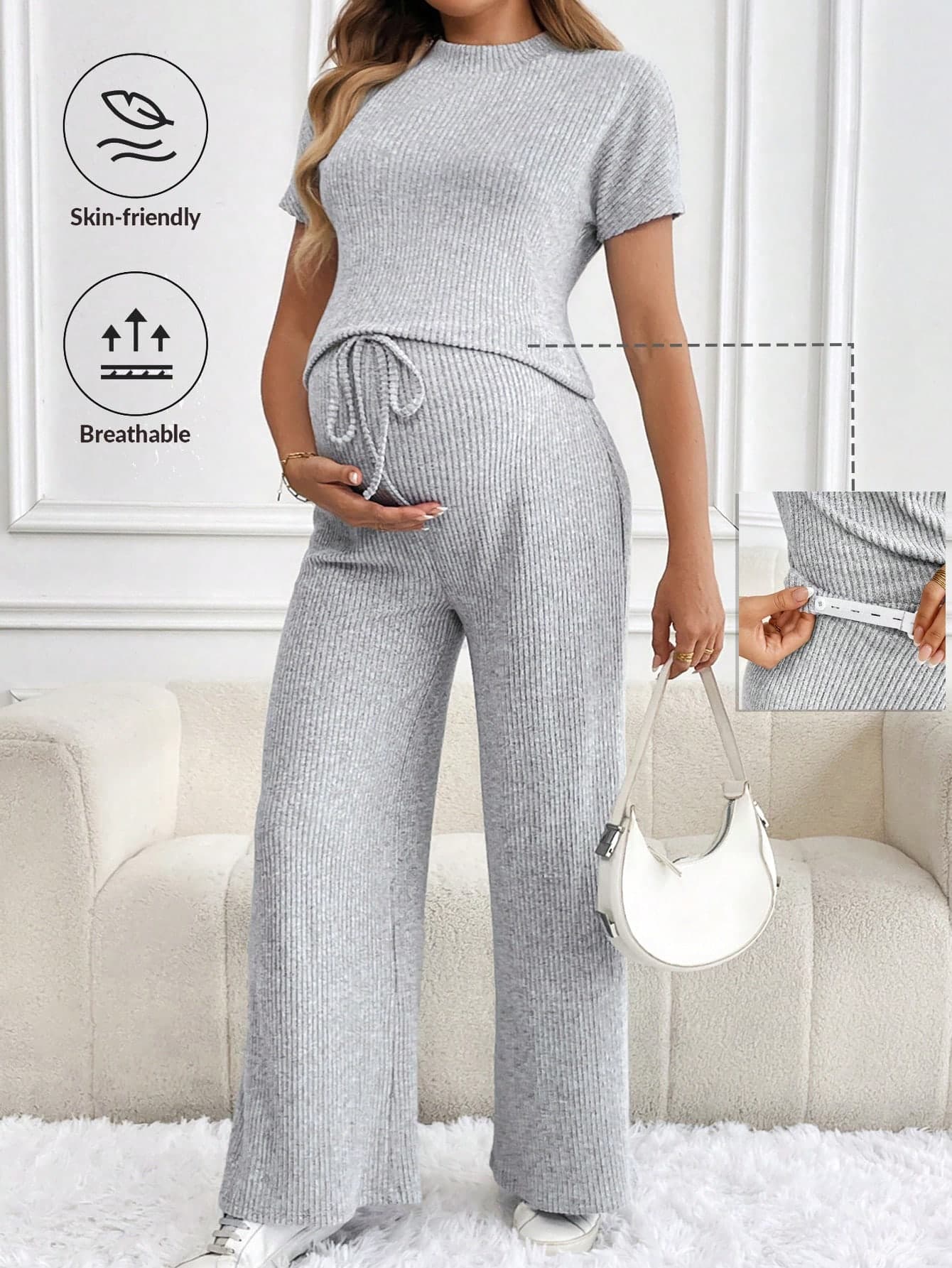 SHEIN 2pcs Maternity Casual Short Sleeve Top And Pants Set, Summer
