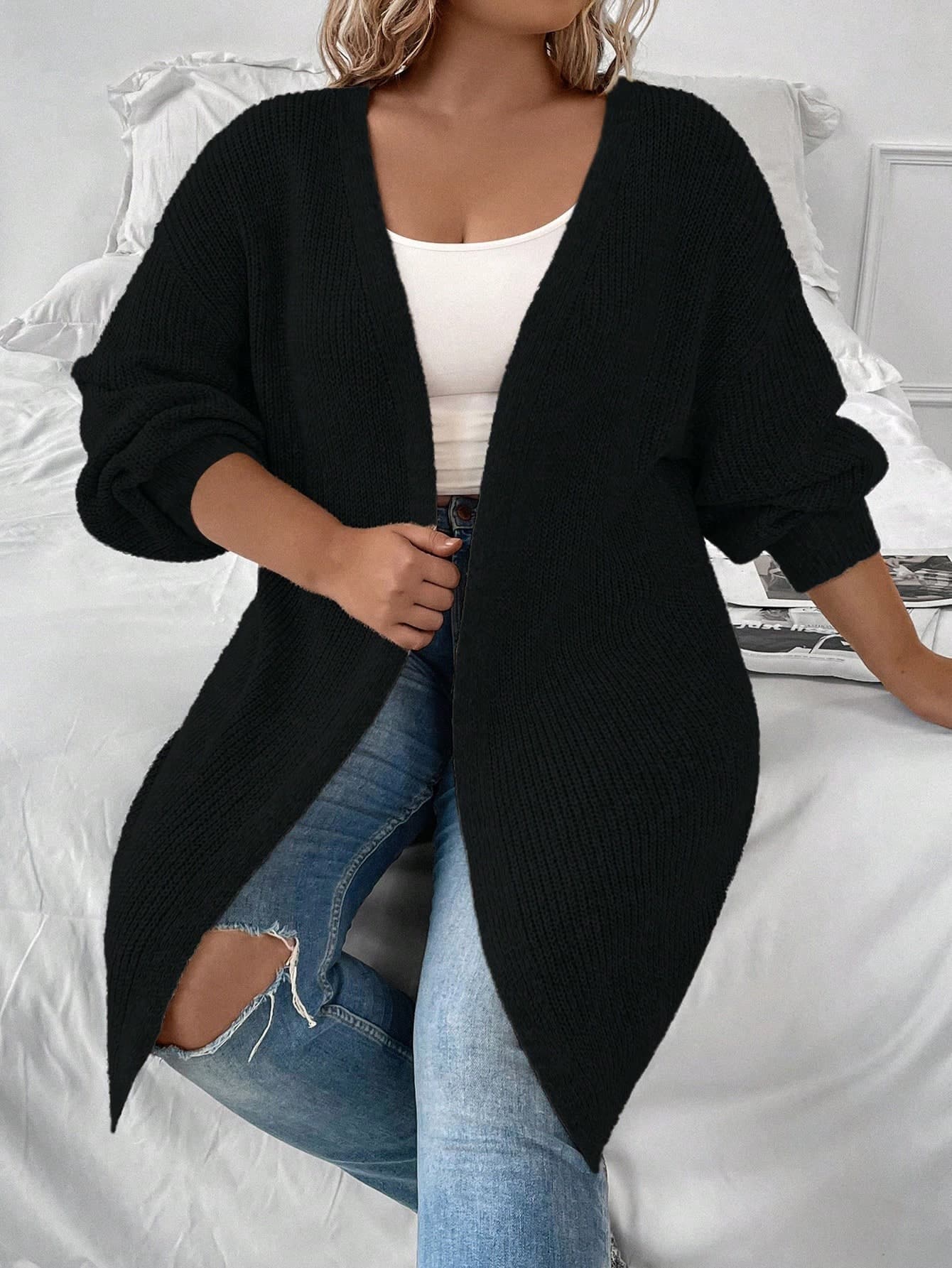 SHEIN LUNE Plus Size Women's Solid Color V-Neck Dropped Shoulder Casual Versatile Outerwear Knitted Cardigan, Autumn/Winter Fall Cloth For Women