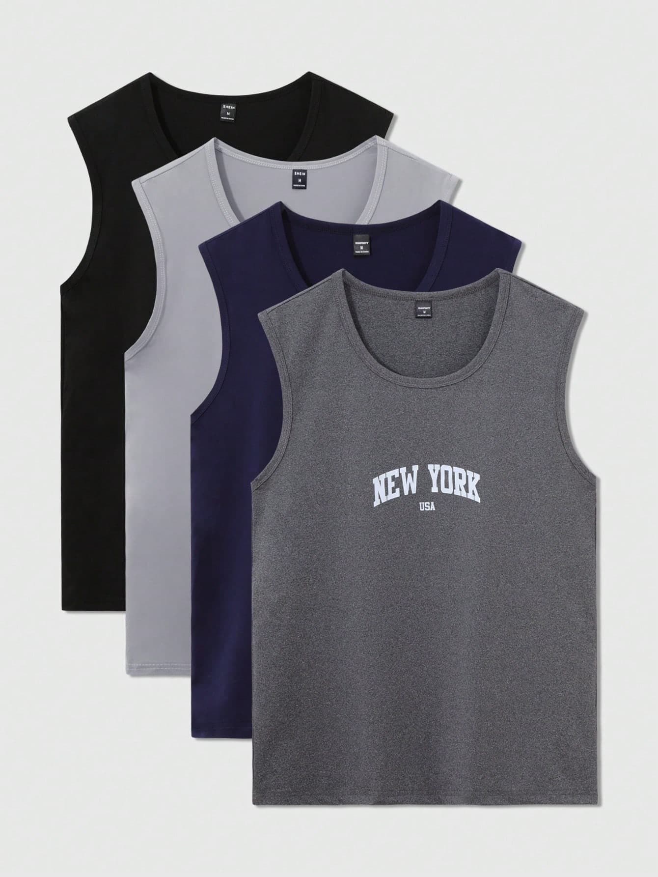 SHEIN 4pcs/Set Men's Simple New York Printed Sleeveless Lounge Top