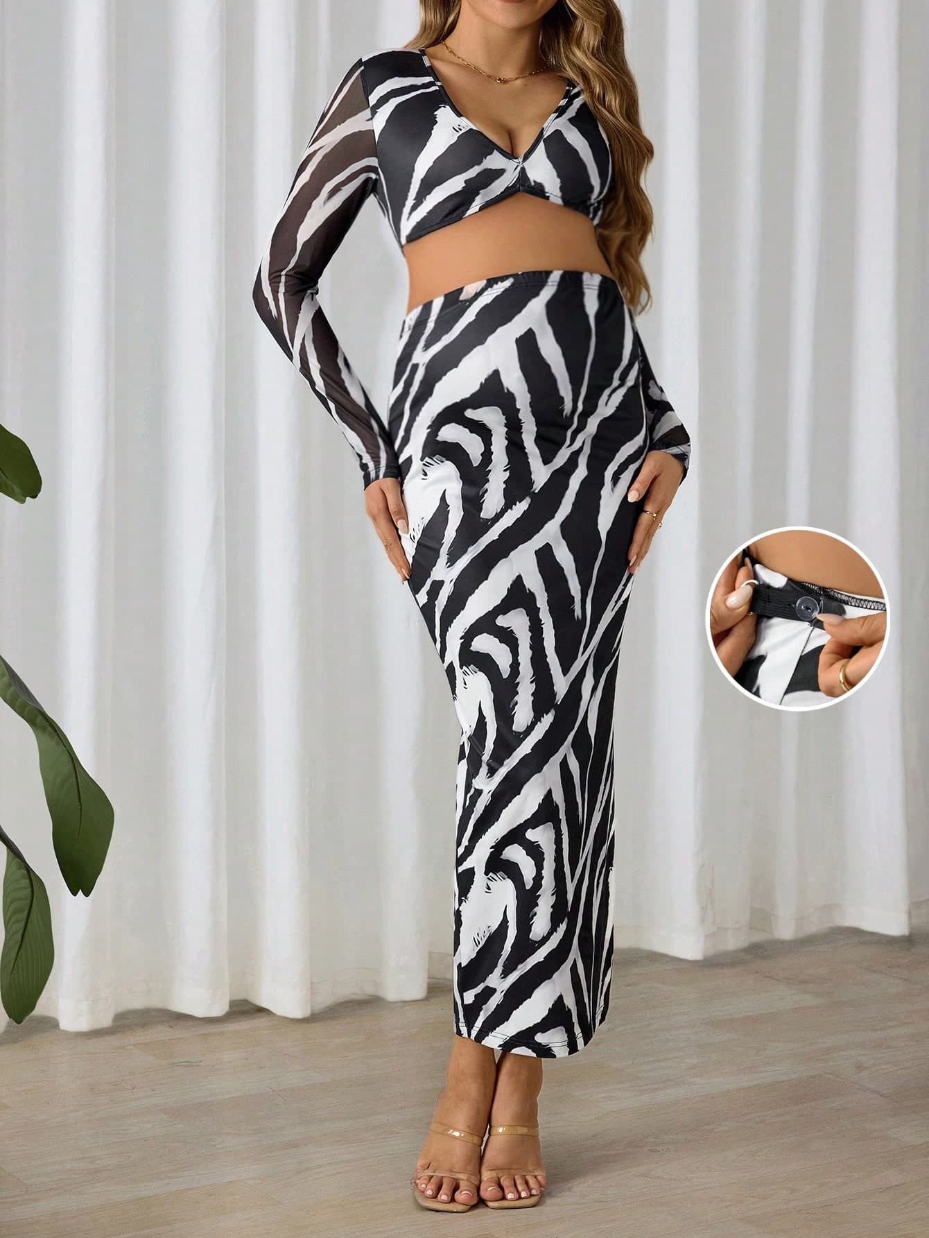 SHEIN 2pcs Maternity V-Neck Allover Print Long Sleeve Top And A-Line Skirt Casual Outfit