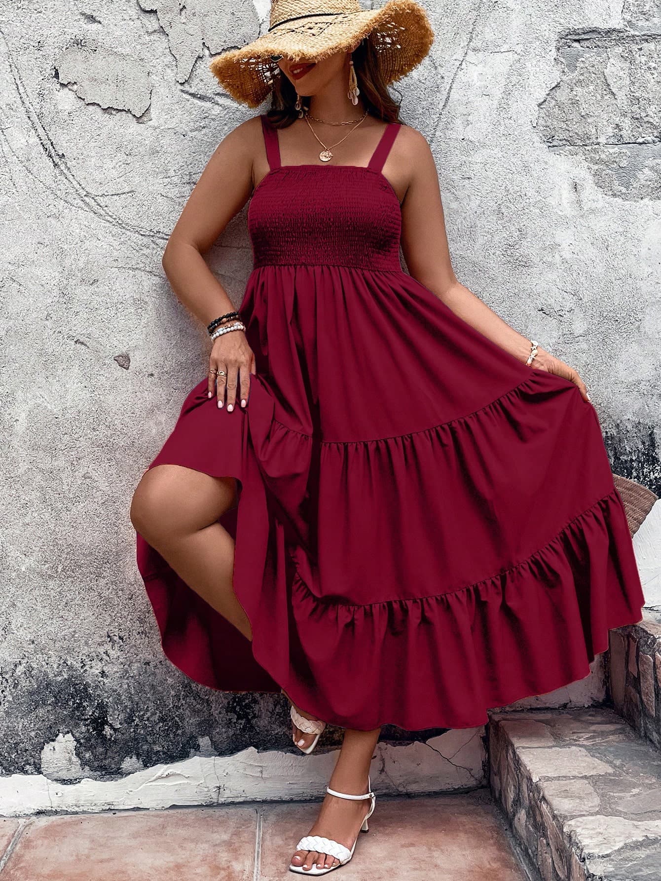 EMERY ROSE Plus Size Women Solid Color Ruffled Hem Long Elegant Spaghetti Strap Dress For Vacation Burgundy Women Outfit