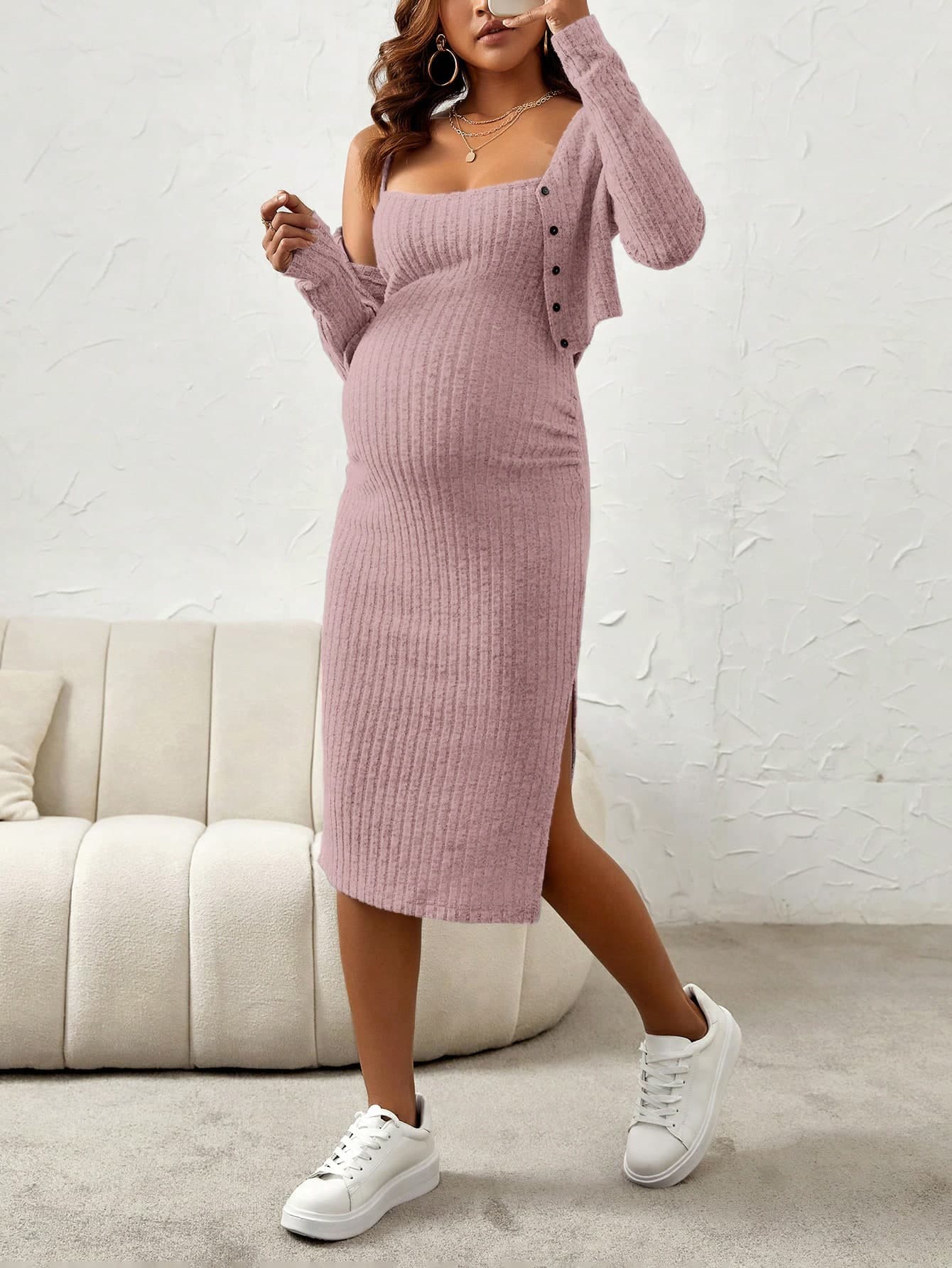 SHEIN 2pcs Maternity Casual Solid Color Side Slit Strap Dress And Long Sleeve Top Set, Spring Autumn Fall