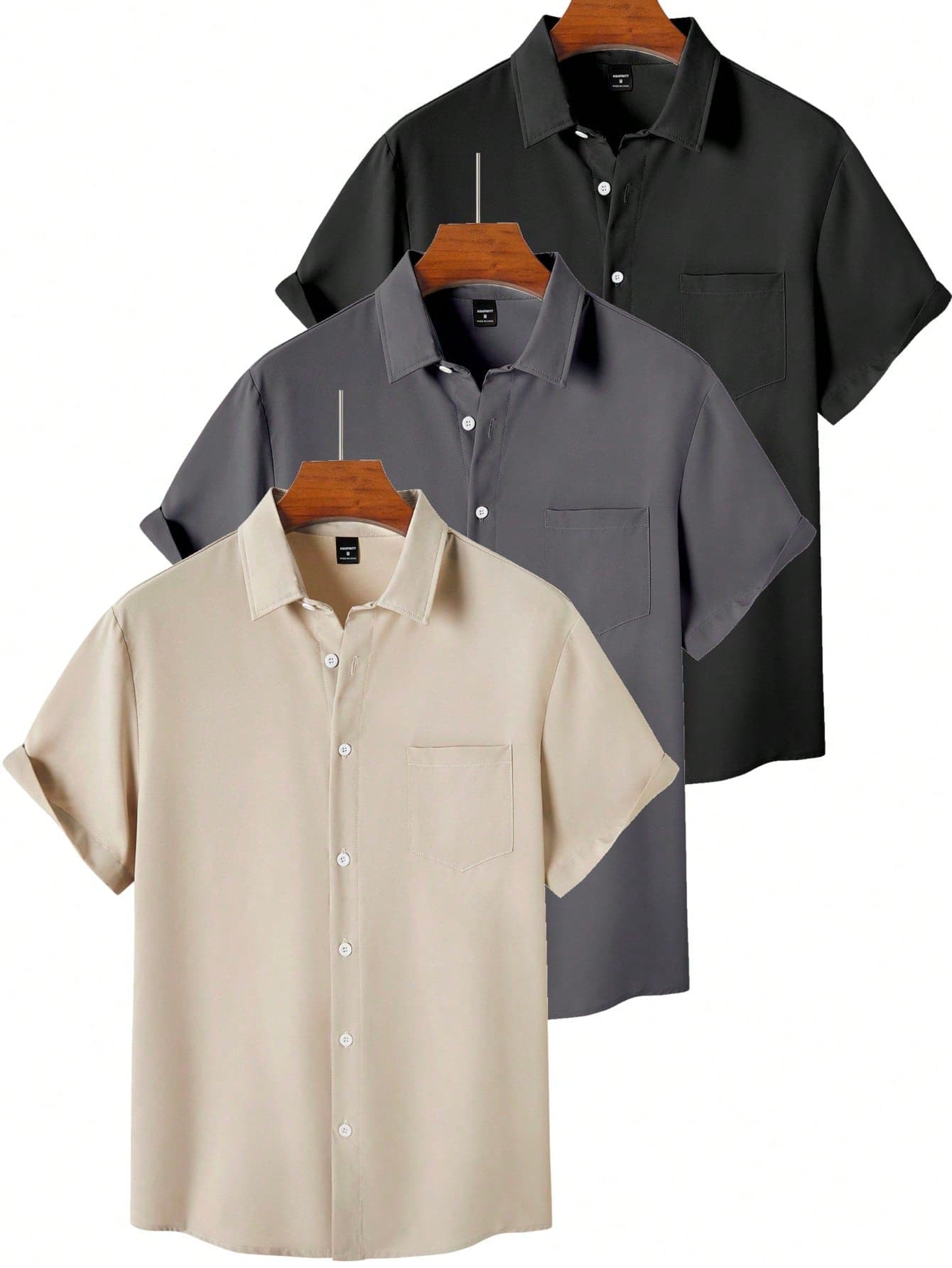Manfinity Homme 3pcs/Set Men's Casual Solid Color Plain Collar Shirt Short Sleeve Pocket Shirt, For Summer, Going Out, Formal