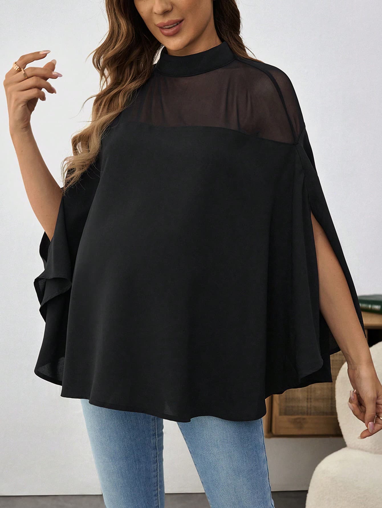 SHEIN Maternity Stand Collar Long Sleeve Split Design Mesh Fashionable Loose Elegant Top