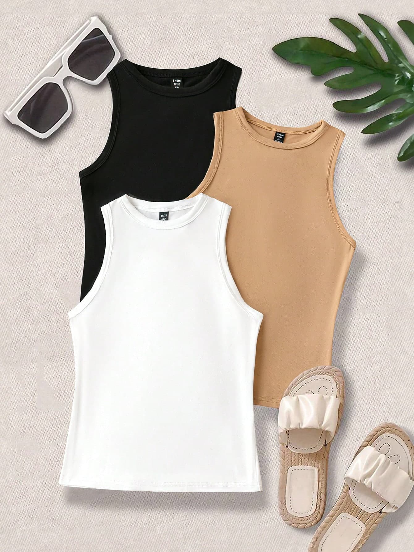 SHEIN LUNE Plus Size Women Solid Color Round Neck Casual Tank Top