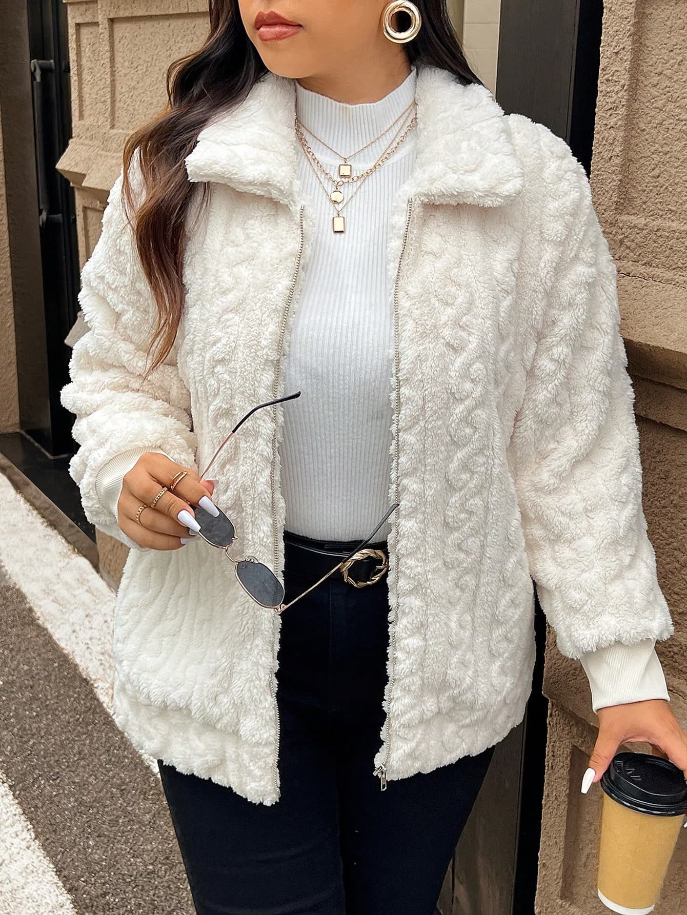 SHEIN Frenchy Plus Size Women's Casual Simple Fluffy Long Sleeve Jacket,Winter Clothes Fall Autumn Fall/Winter