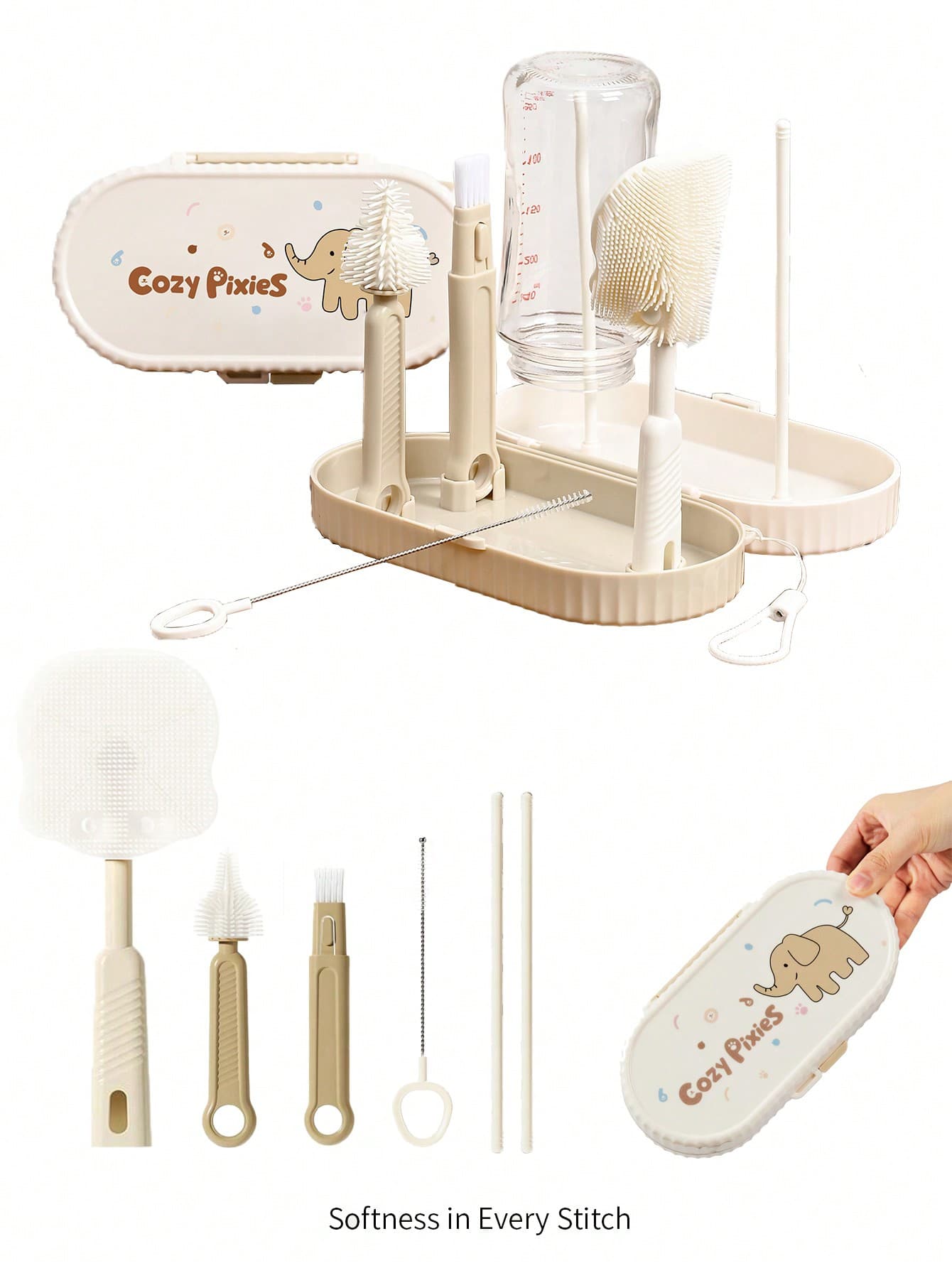 Cozy Pixies Baby Bottle Feeding Accessories Portable Elephant Bottle Brush Set