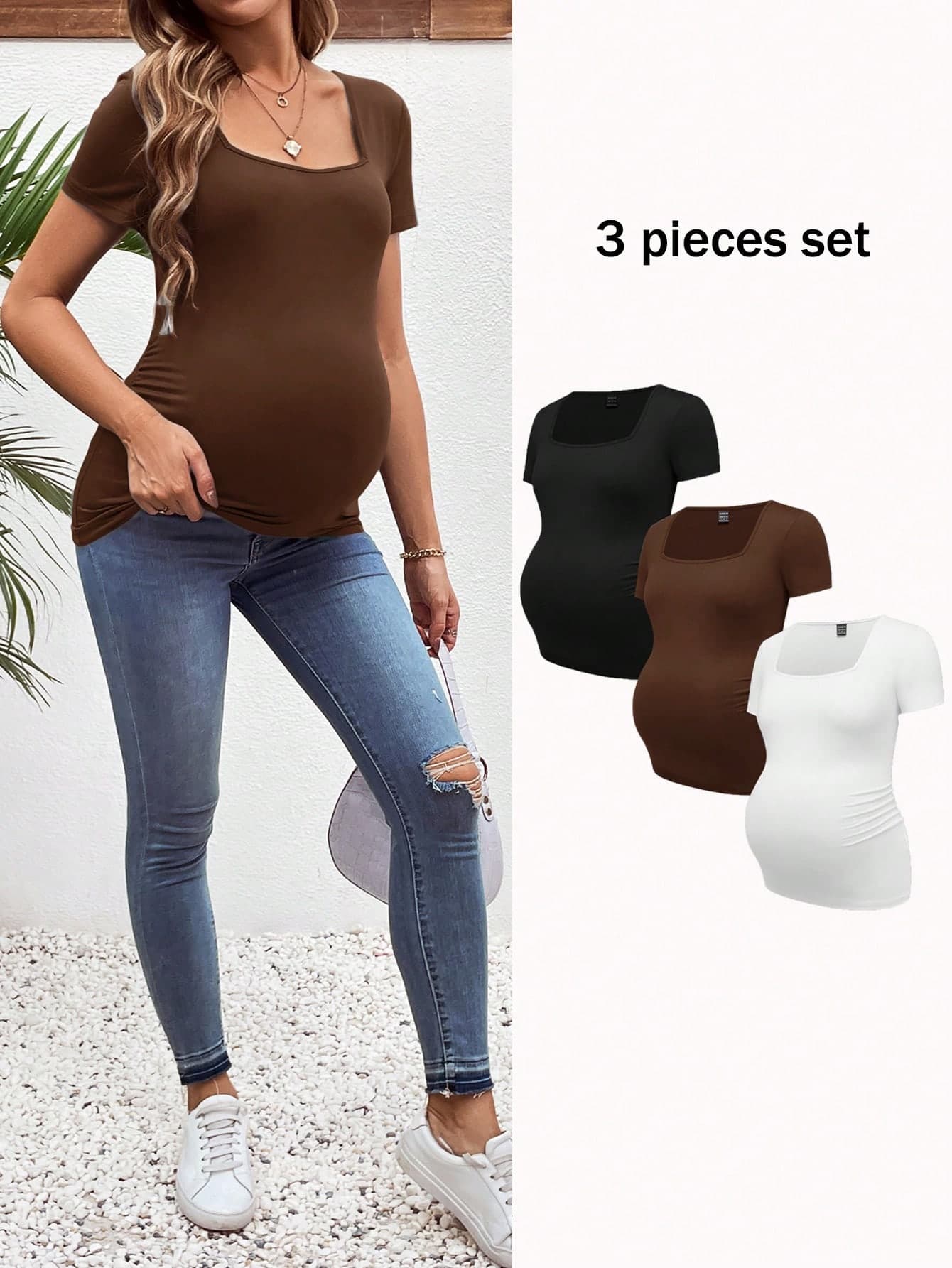 SHEIN 3pcs/Set Maternity Casual Minimalist Black White Gray Scoop Neck Short Sleeve Fitted Pregnancy T-Shirts World Cup