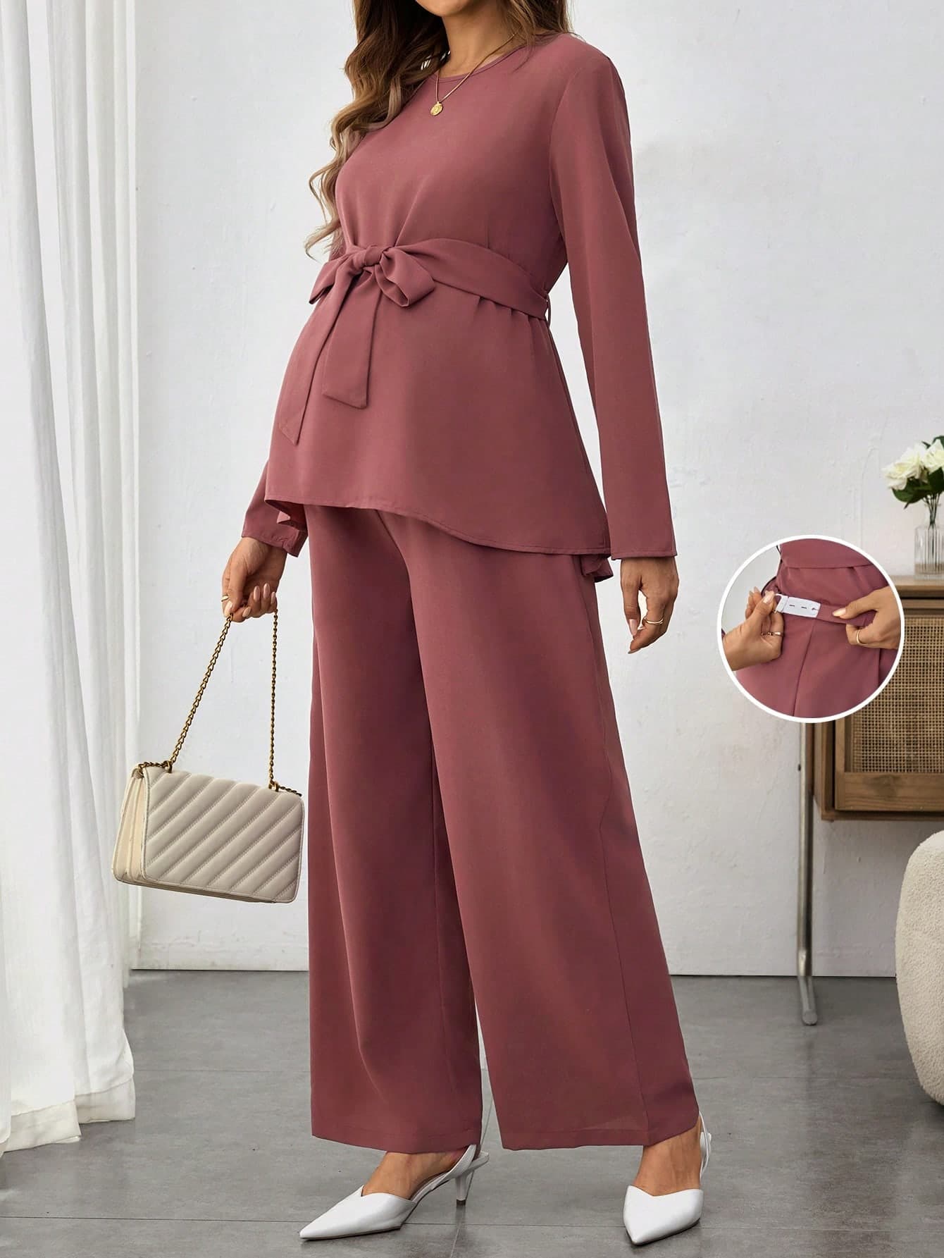 Momance 2pcs Maternity Solid Color Crew Neck Long Sleeve Shirt And Wide Leg Pants Set, Spring/Summer Fall