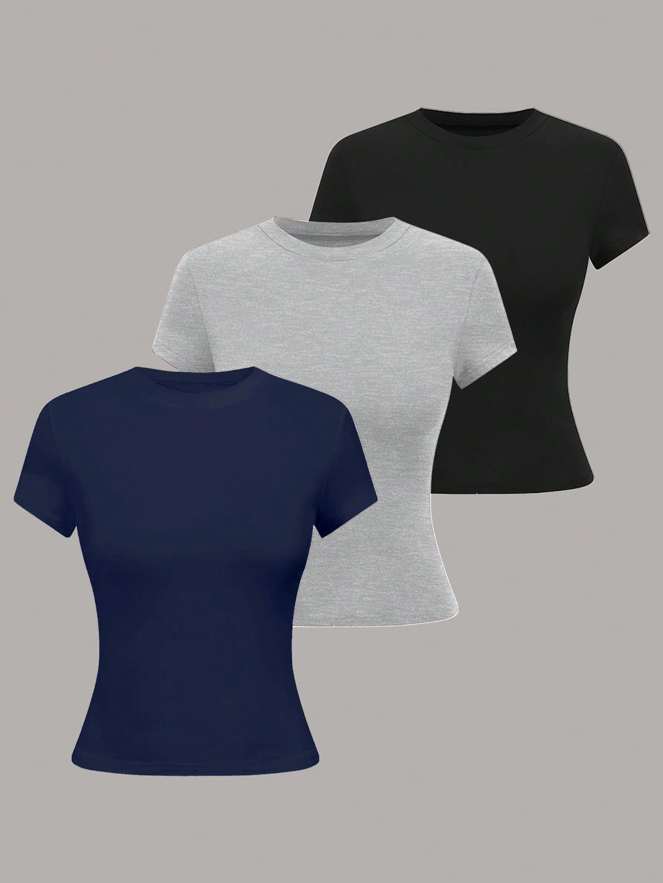 Qadelle Women's Round Neck Short Sleeve Solid Black Grey Navy Blue Fitted Blouse Tops,Summer Casual Everyday Simple Work Office Party Tops
