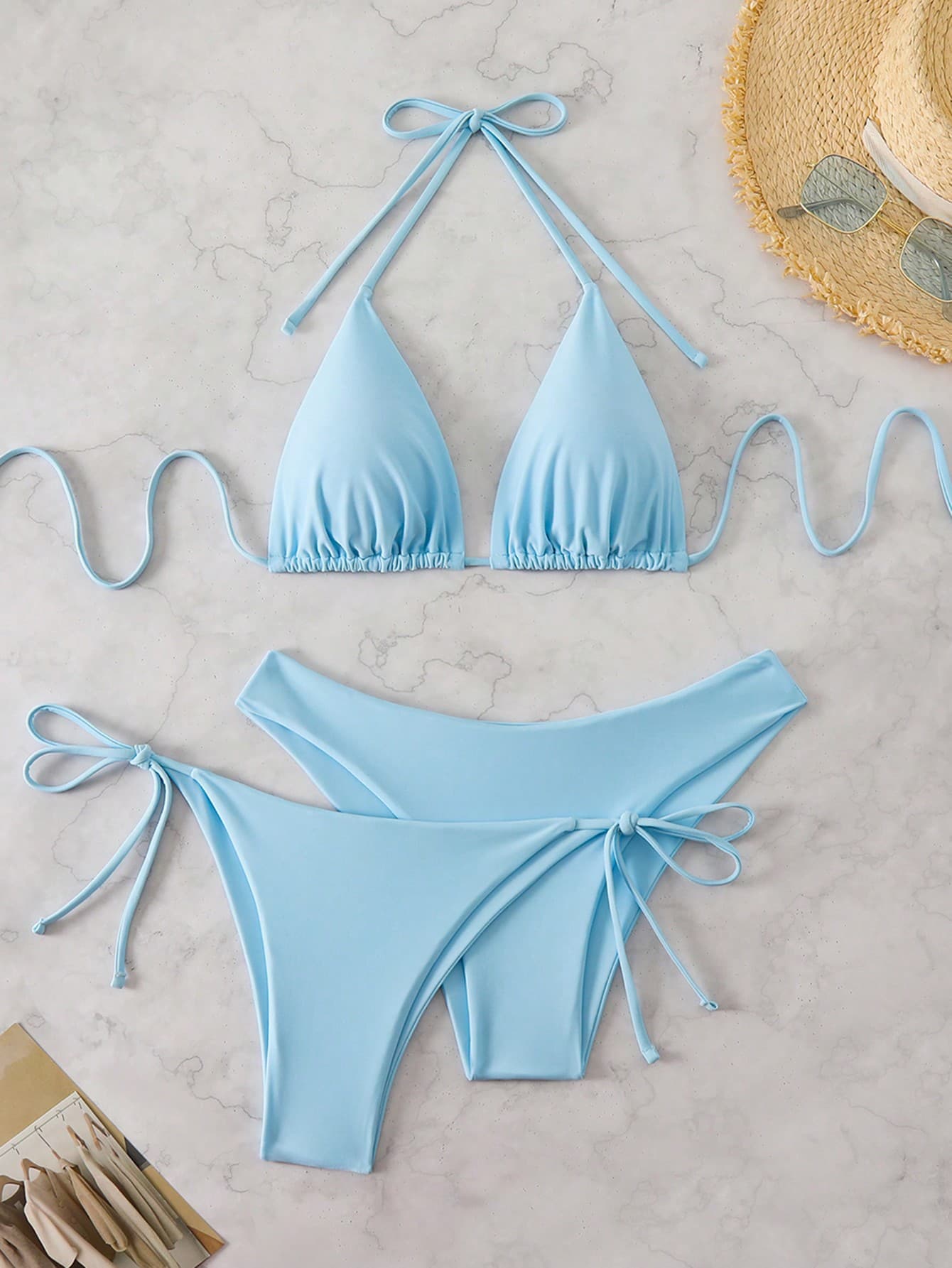 Elavelle 3pcs Women Summer Beach Solid Color Halter Tie Sexy Bikini Swimwear Set