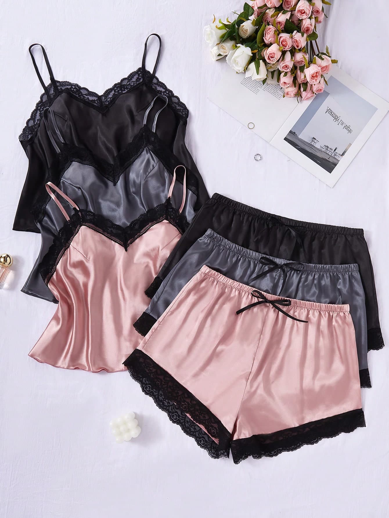 SilkySpell 6pcs Plus Size Faux Silk Color Block Lace Sleepwear Set