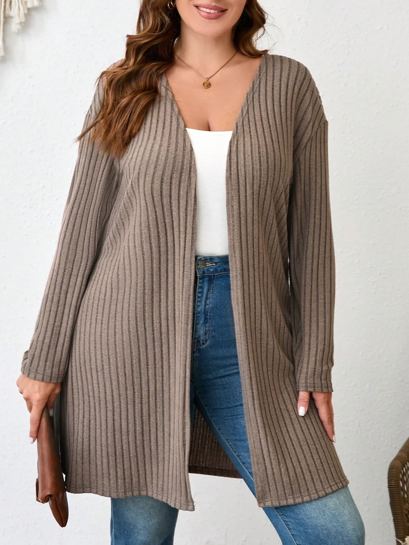 SHEIN LUNE Plus Size Plain Color Ribbed Knit Cardigan For Spring And Autumn Winter Clothes Fall
