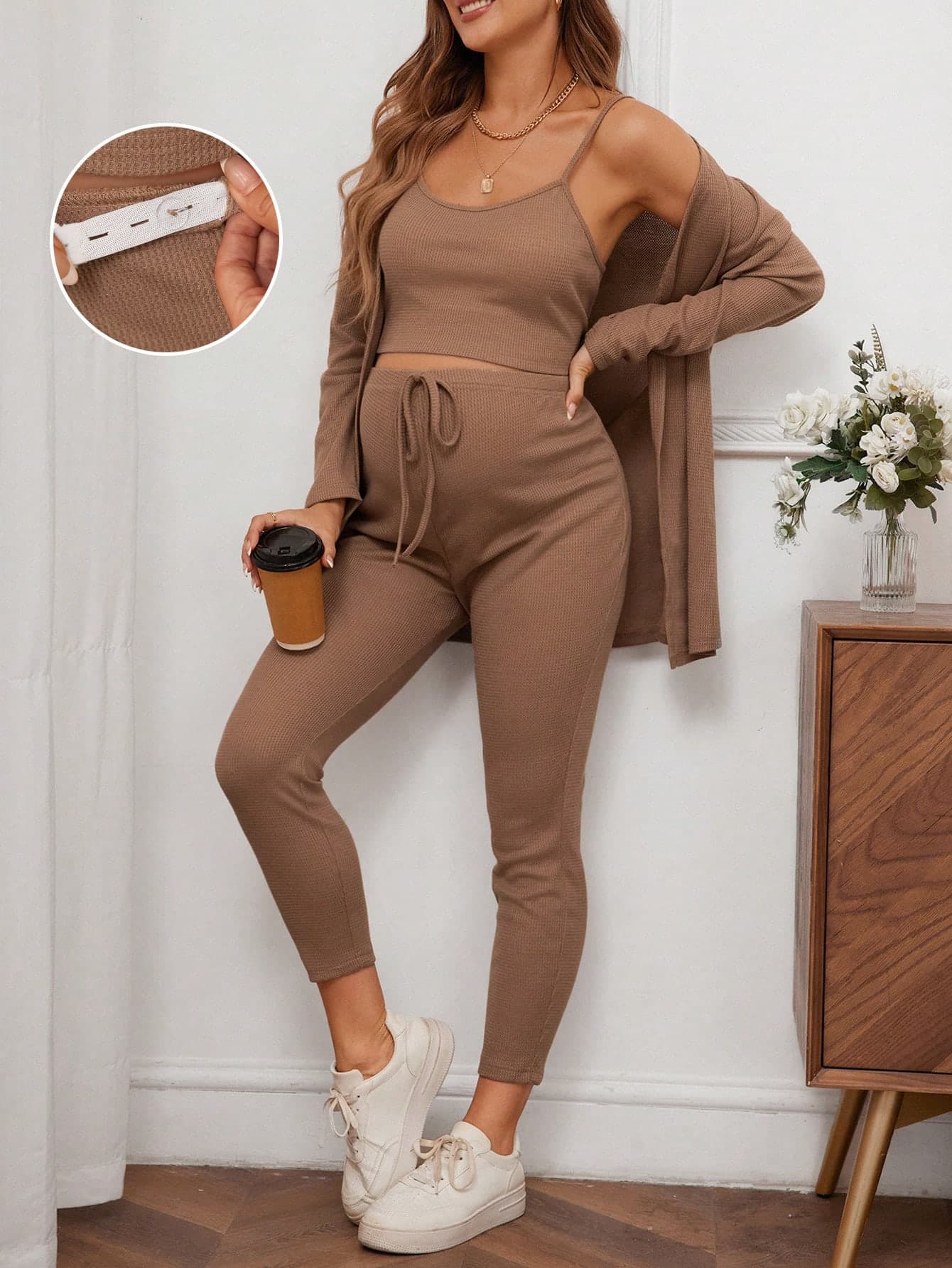 SHEIN Maternity Waffle Knit Tank Top And Adjustable Bow-Tied Waist Leggings Set With Coat World Cup