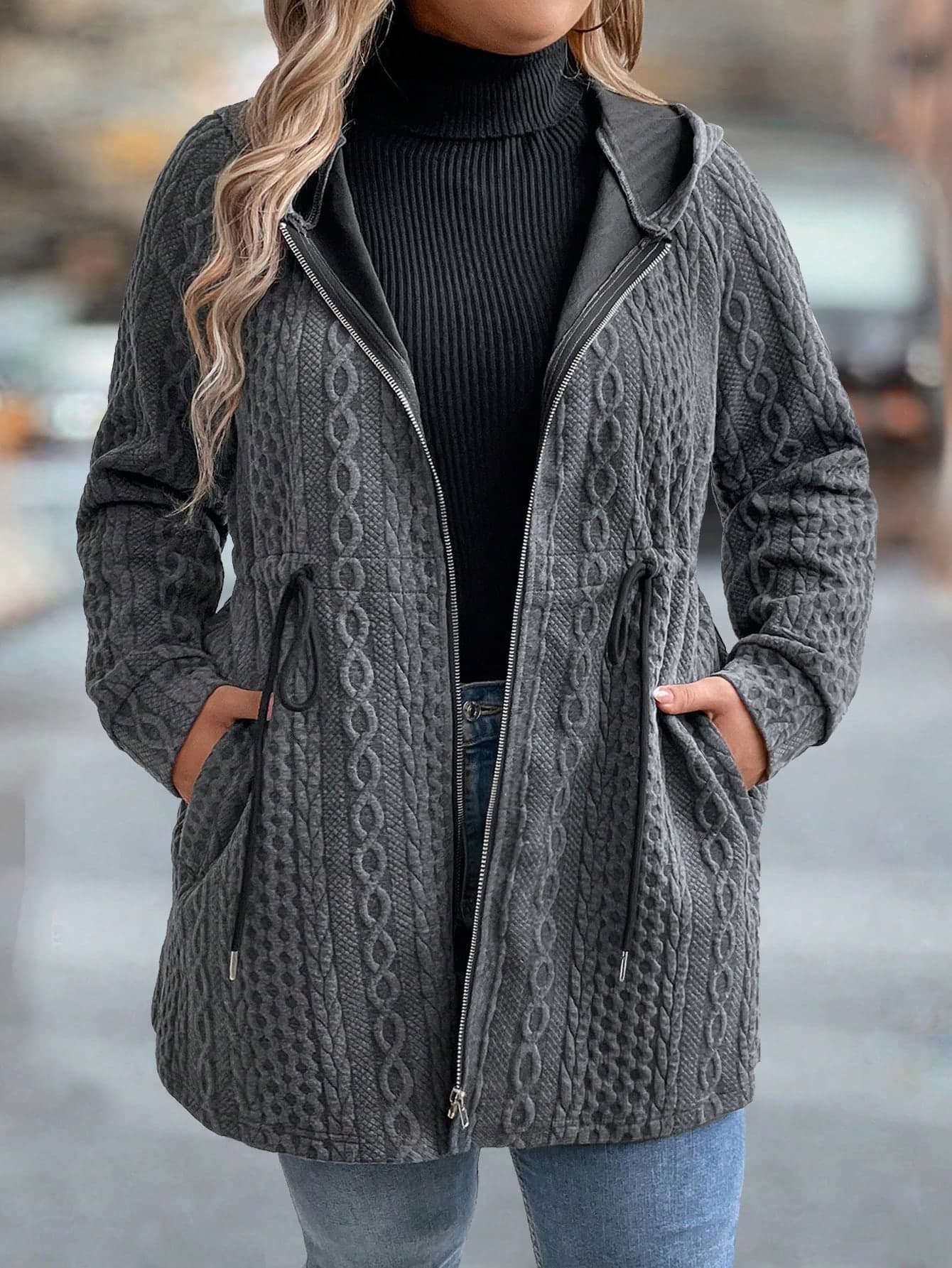 SHEIN LUNE Plus Size Hooded With Tie Collar Pocket Zip Up Knit Jacket Fall Winter Cloth For Women Autumn