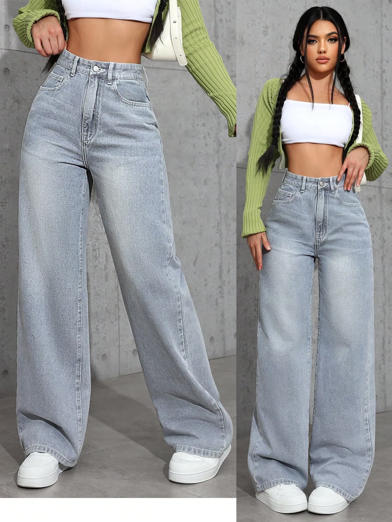 SHEIN EZwear Women's Pocketed Wide Leg Relaxed Casual Denim Jeans