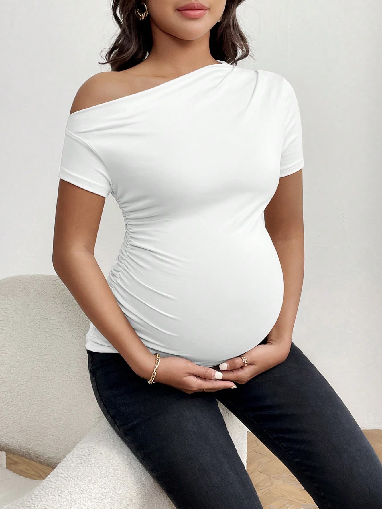 SHEIN Maternity Asymmetrical Neck Pleated Short Sleeve T-Shirt