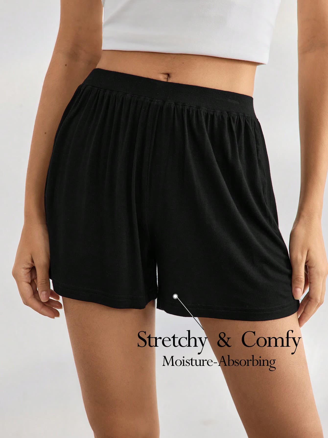 Ocili Leisure Comfortable, Smooth, Draping Summer Elastic Waist Solid Color Black Shorts Loungewear Sleep Shorts