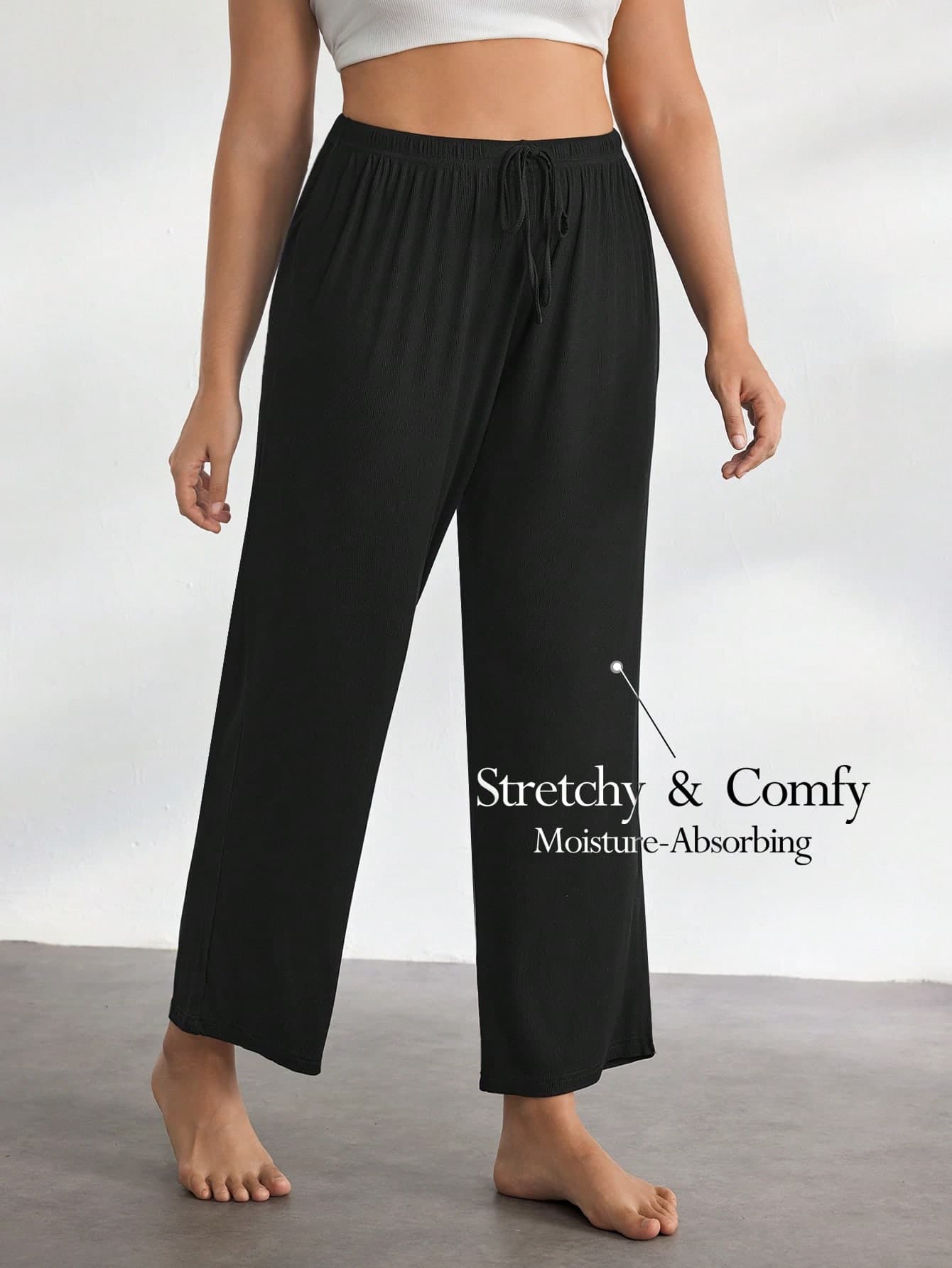 Ocili Plus Leisure Smooth & Comfy Drawstring Waist Long Pajama Sleep Cozy Pants, Black, For Fall & Winter