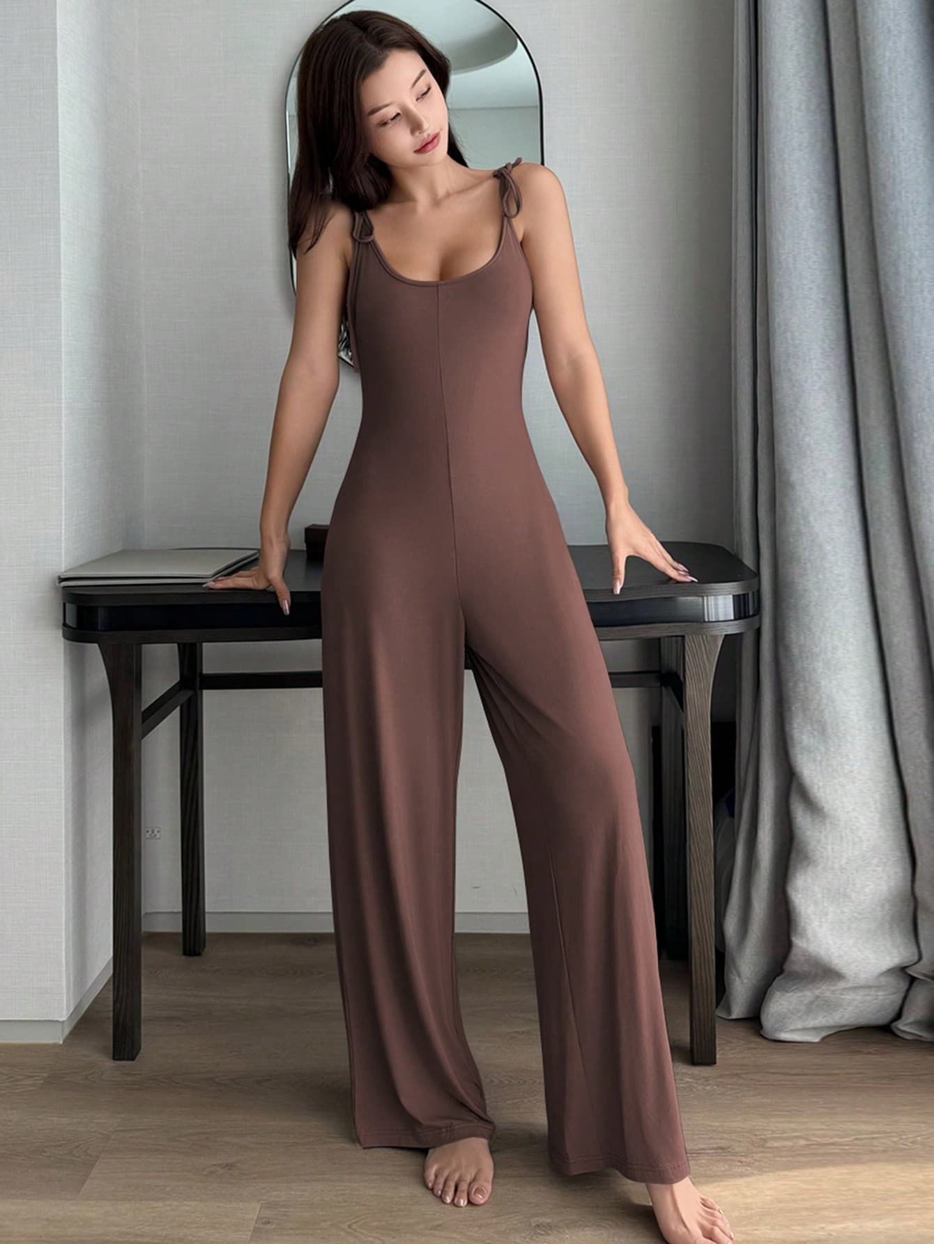 DAZY Women's Tie-Up Neck Fitted Knit Drape Drawstring Jumpsuit Loungewear Pajama
