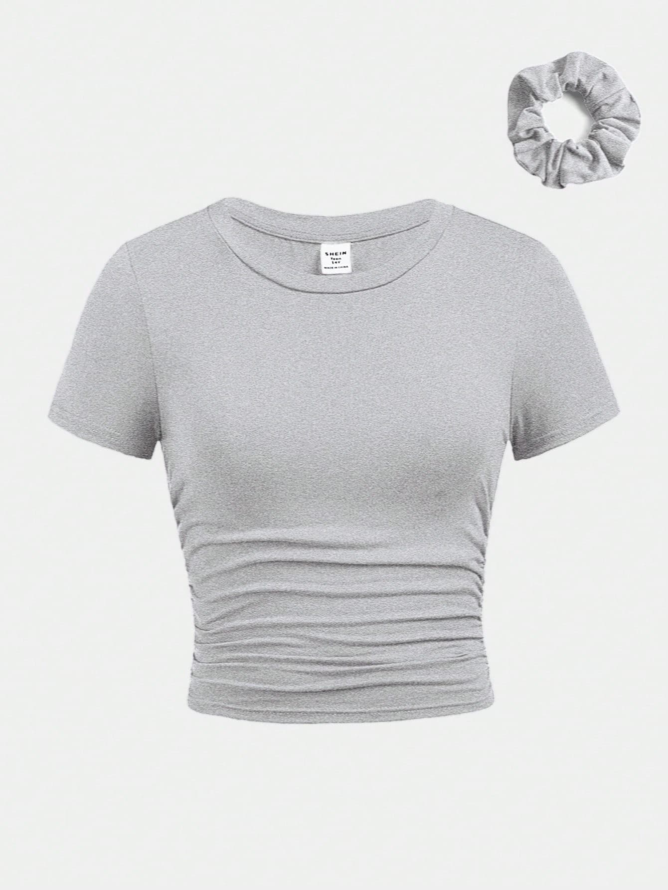 SHEIN Girlism Tween Girl Fitted Round Neck Grey Short Sleeve Ruched Side Casual T-Shirt