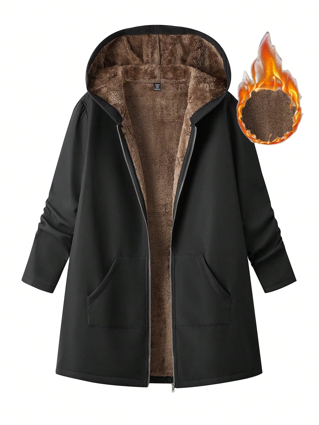 EMERY ROSE Plus Size Women's Solid Color Long Sleeve Zipper Front Hooded Casual Jacket, Autumn Winter Fall Cloth For Women