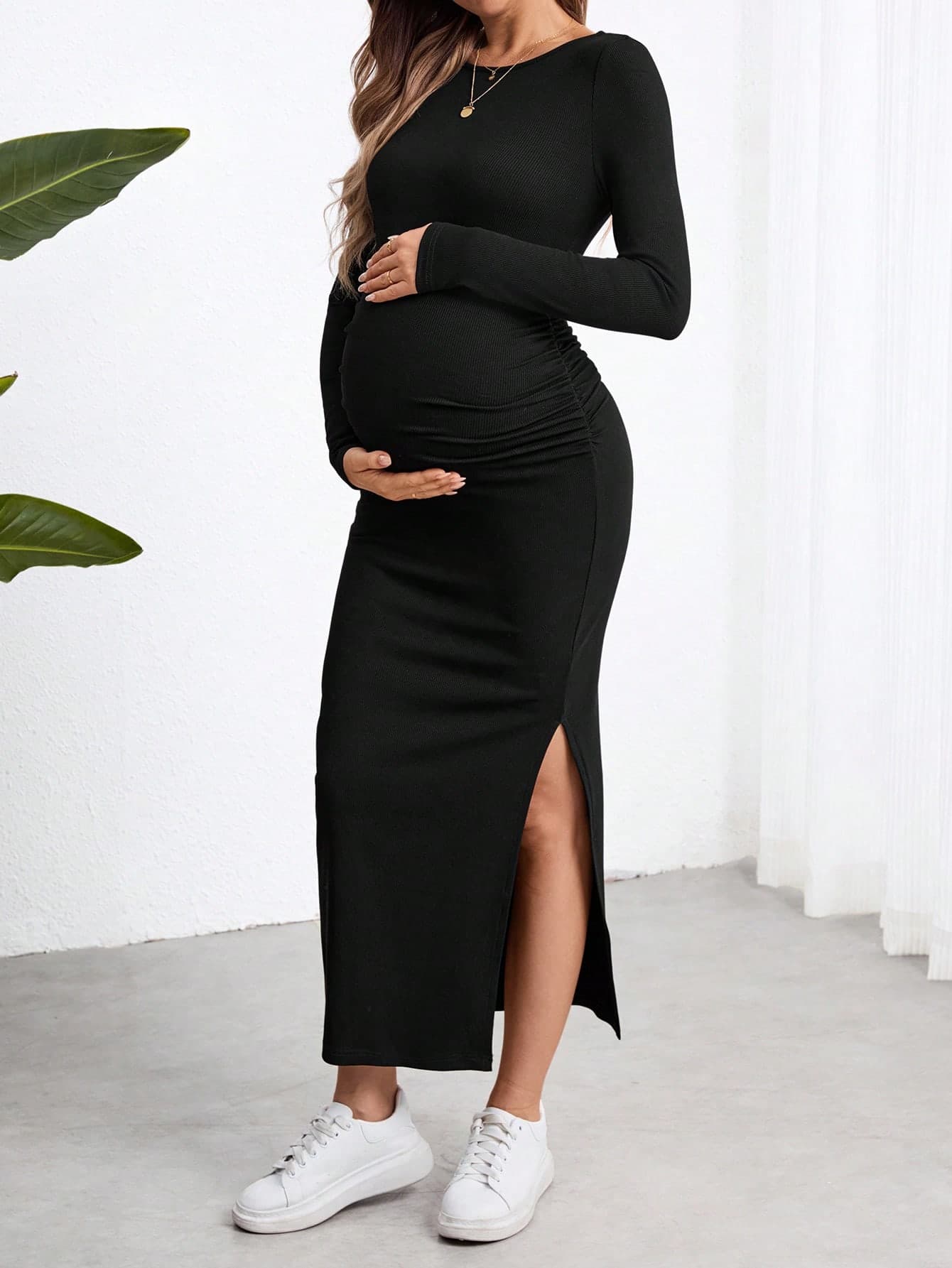 SHEIN Maternity Black Long Slit Bodycon Dress For Pregnant Women World Cup Fall