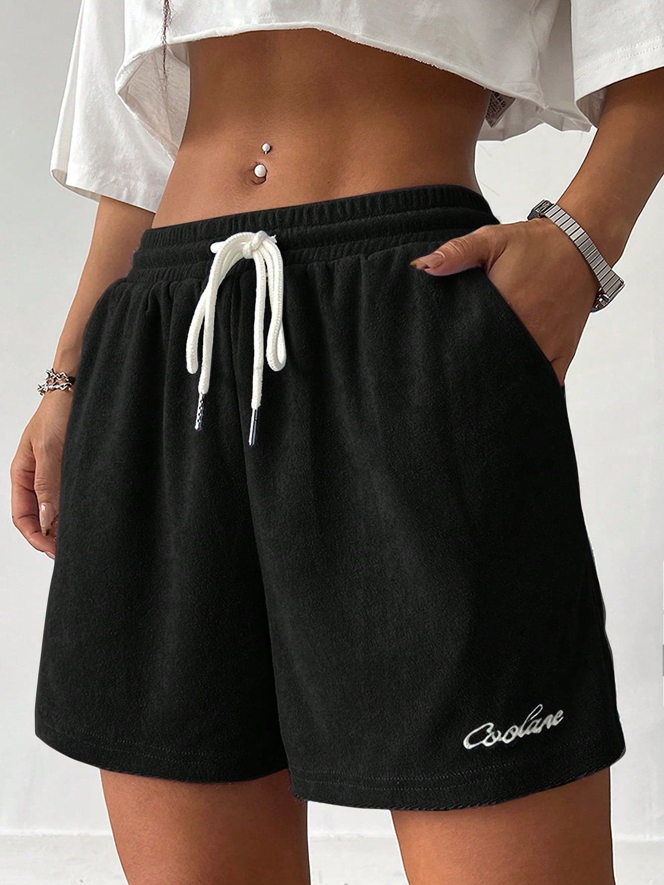 Coolane Women's Sport Flannelette Summer Embroidery Black Shorts