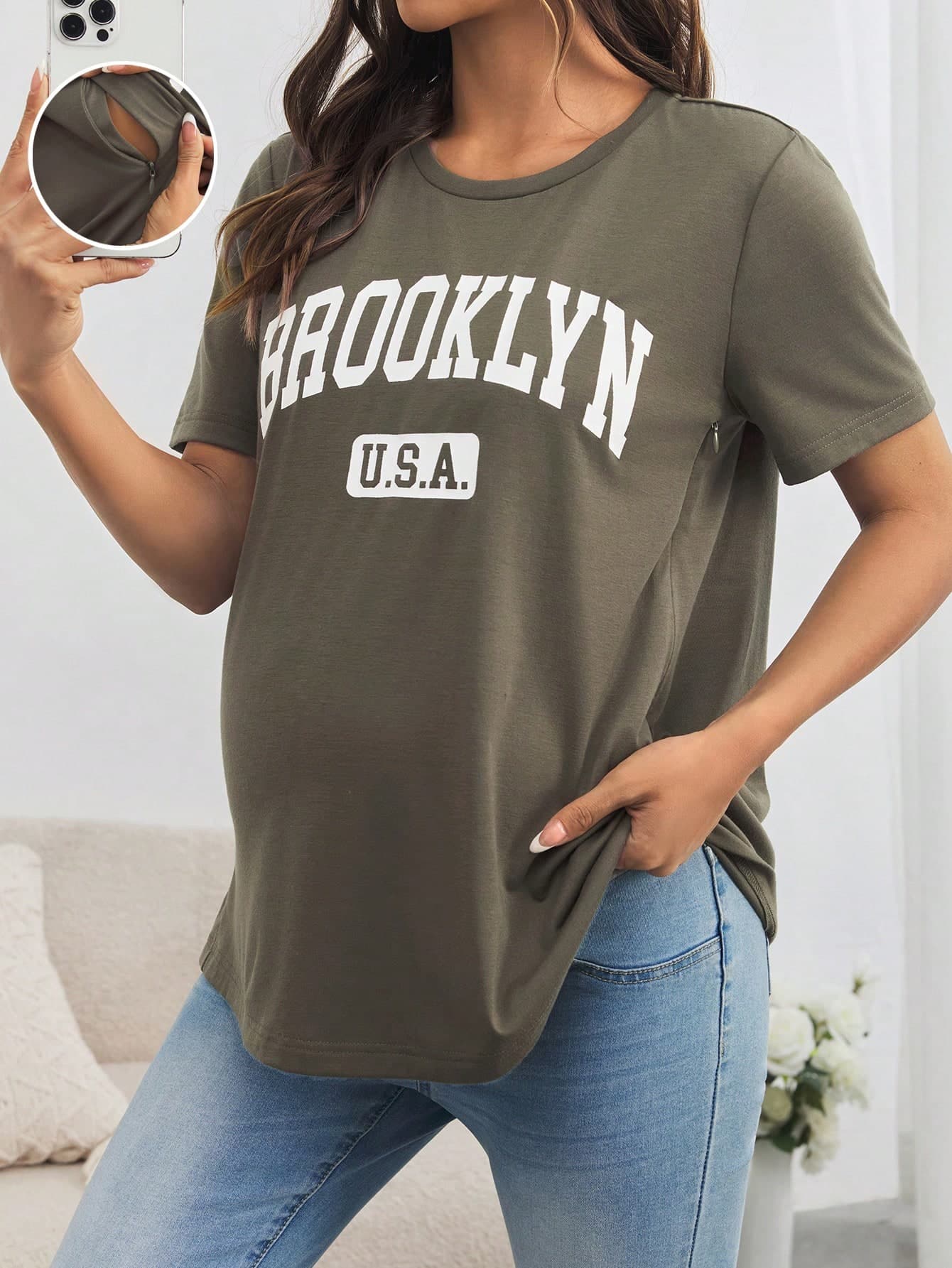 SHEIN Maternity Loose Nursing Tee, Round Neck, Outdoor Sports Lightweight World Cup