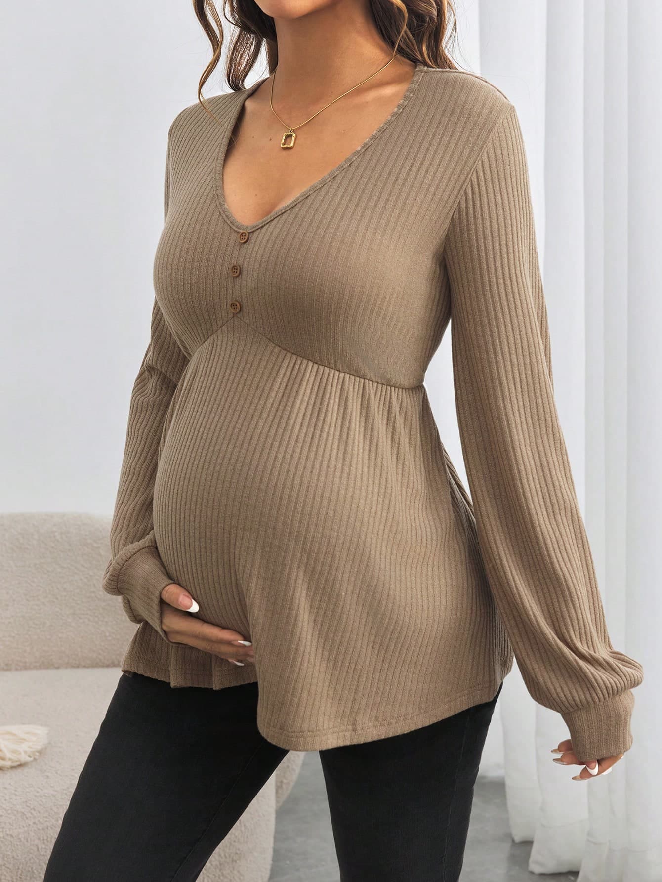 SHEIN Maternity Button Down V-Neck Loose Long Sleeve T-Shirt Fall