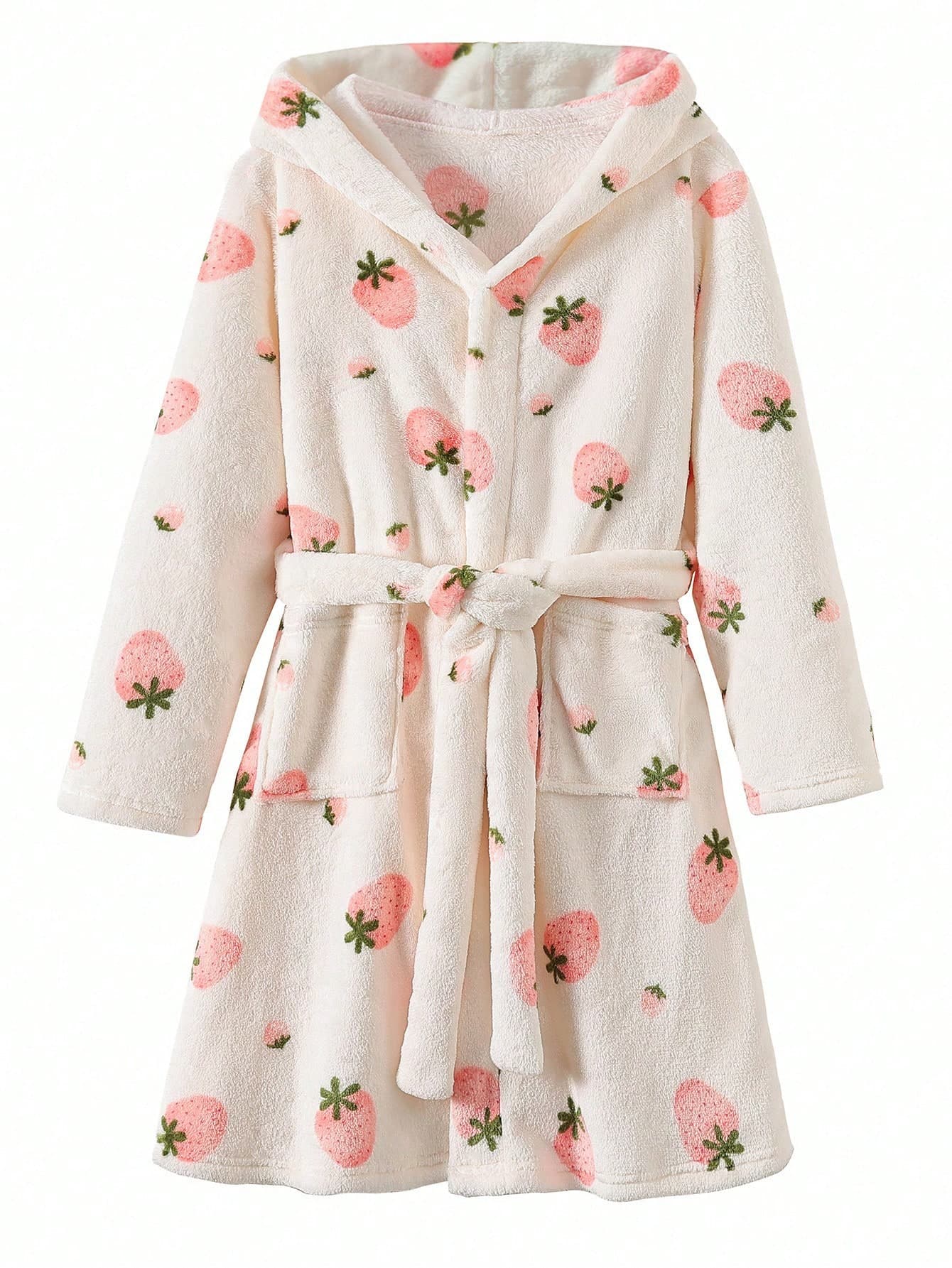 Girls' White Strawberry Print Long Sleeve Hooded Long Robe Sleepwear