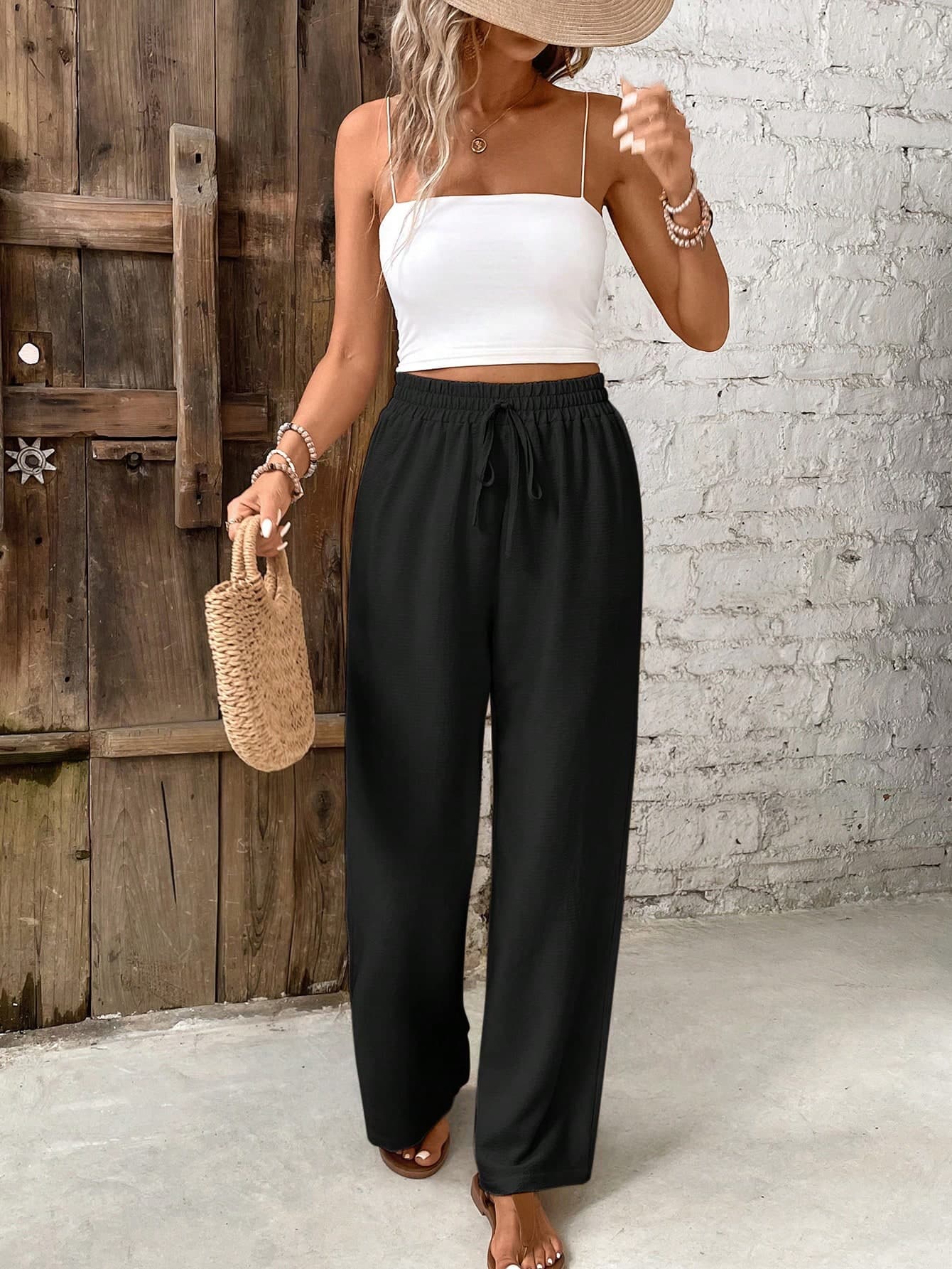 SHEIN Frenchy Women's Solid Color Casual Straight-Leg Pants Winter Black Spring