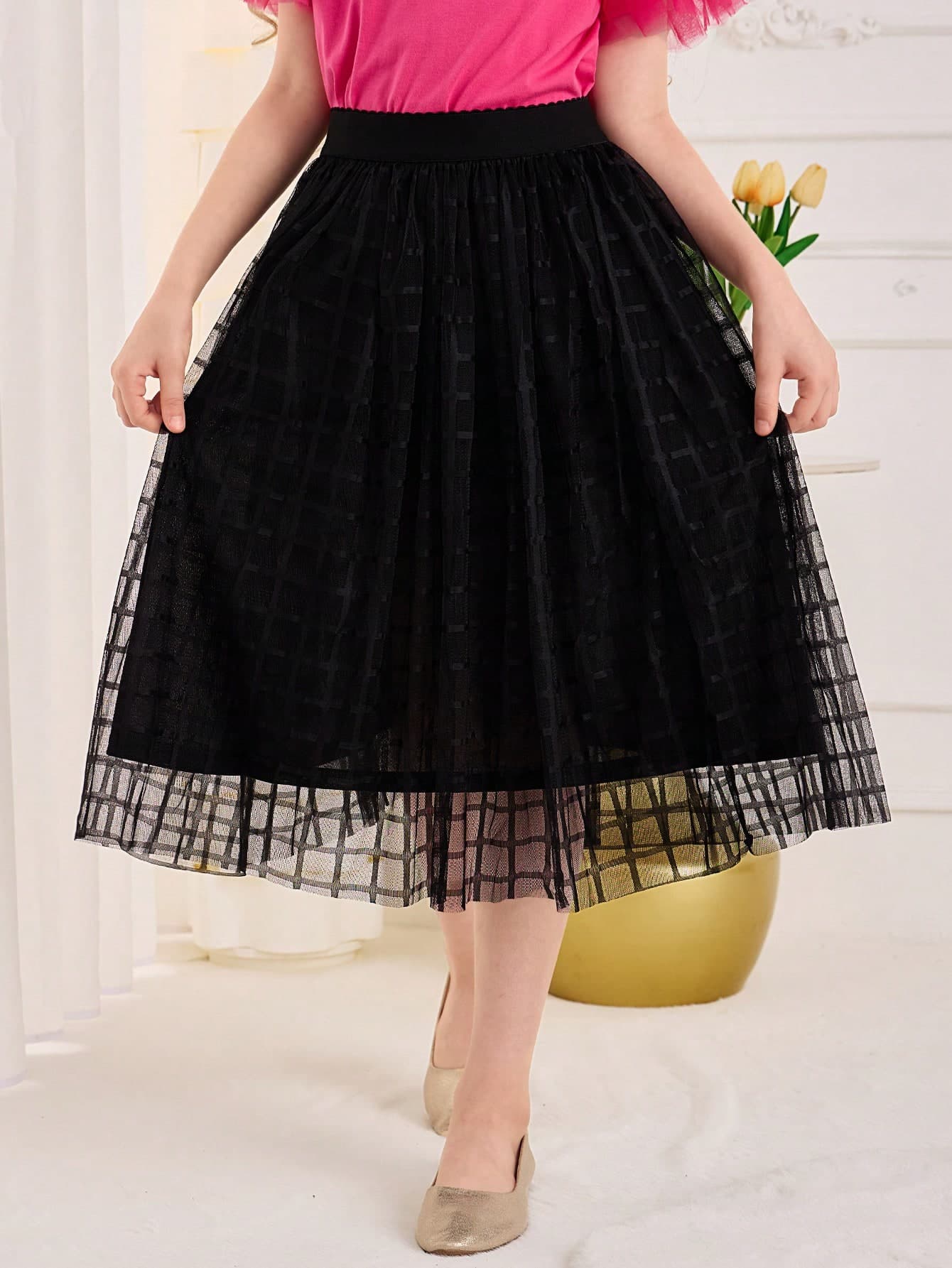 SHEIN Tween Girl Elegant High Waist Plaid Mesh Midi Skirt With Lining, Perfect For Vacation