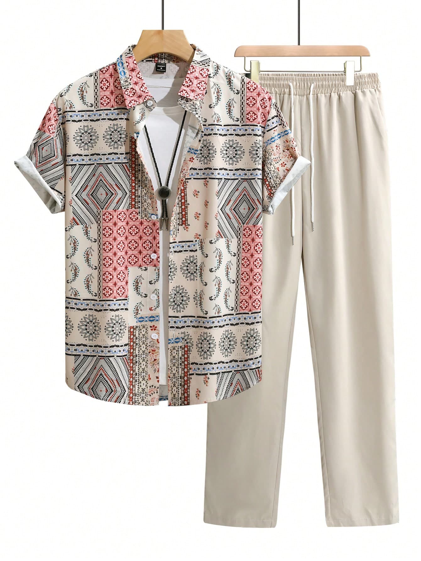 Genlund 2pcs/Set Men's Shirt Collar Allover Print Short Sleeve Buttoned Top And Front Tie Waist Pants Casual Outfit, Holiday