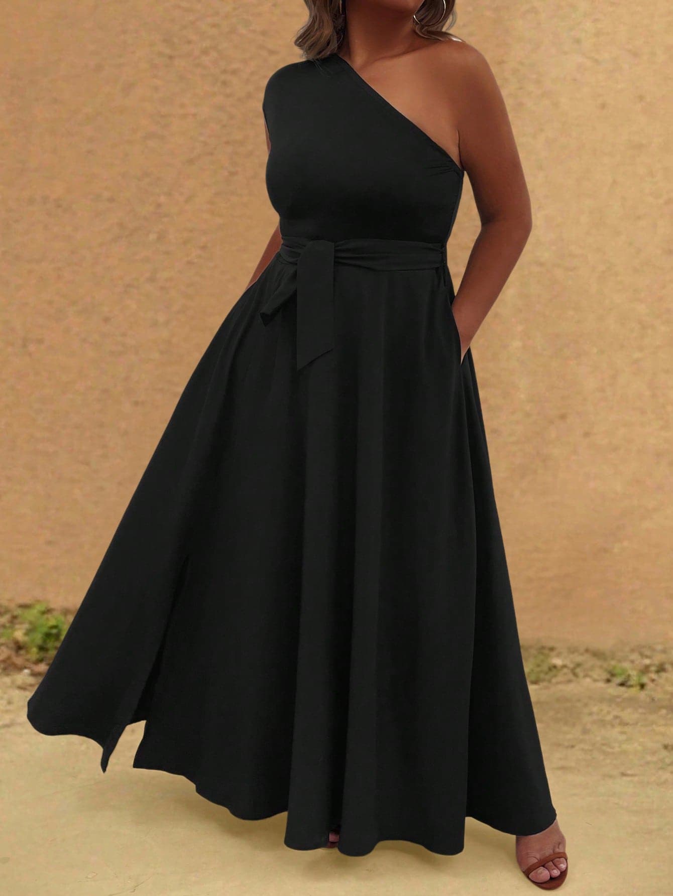 SHEIN EMERY ROSE CURVE Plus Size Elegant Black Summer Mal Midi Dress,Classic High-End Sleeveless Slit Pockets,Tie Waist Ruffle Shoulder Strap,Slim Flattering Women Outfit