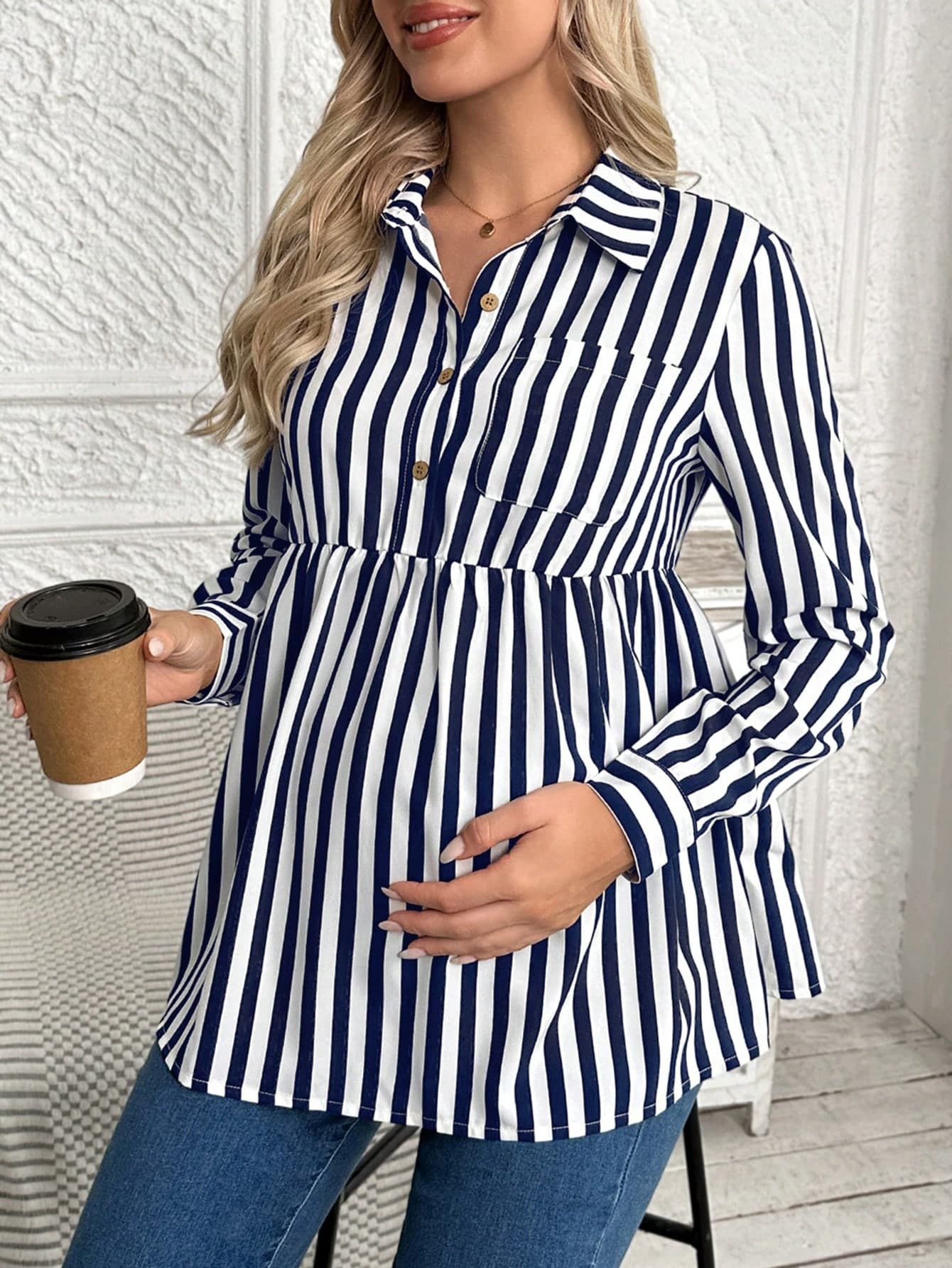 SHEIN Maternity Button-Up Long Sleeve Stripe Fashion Casual Loose Comfortable Shirt Fall